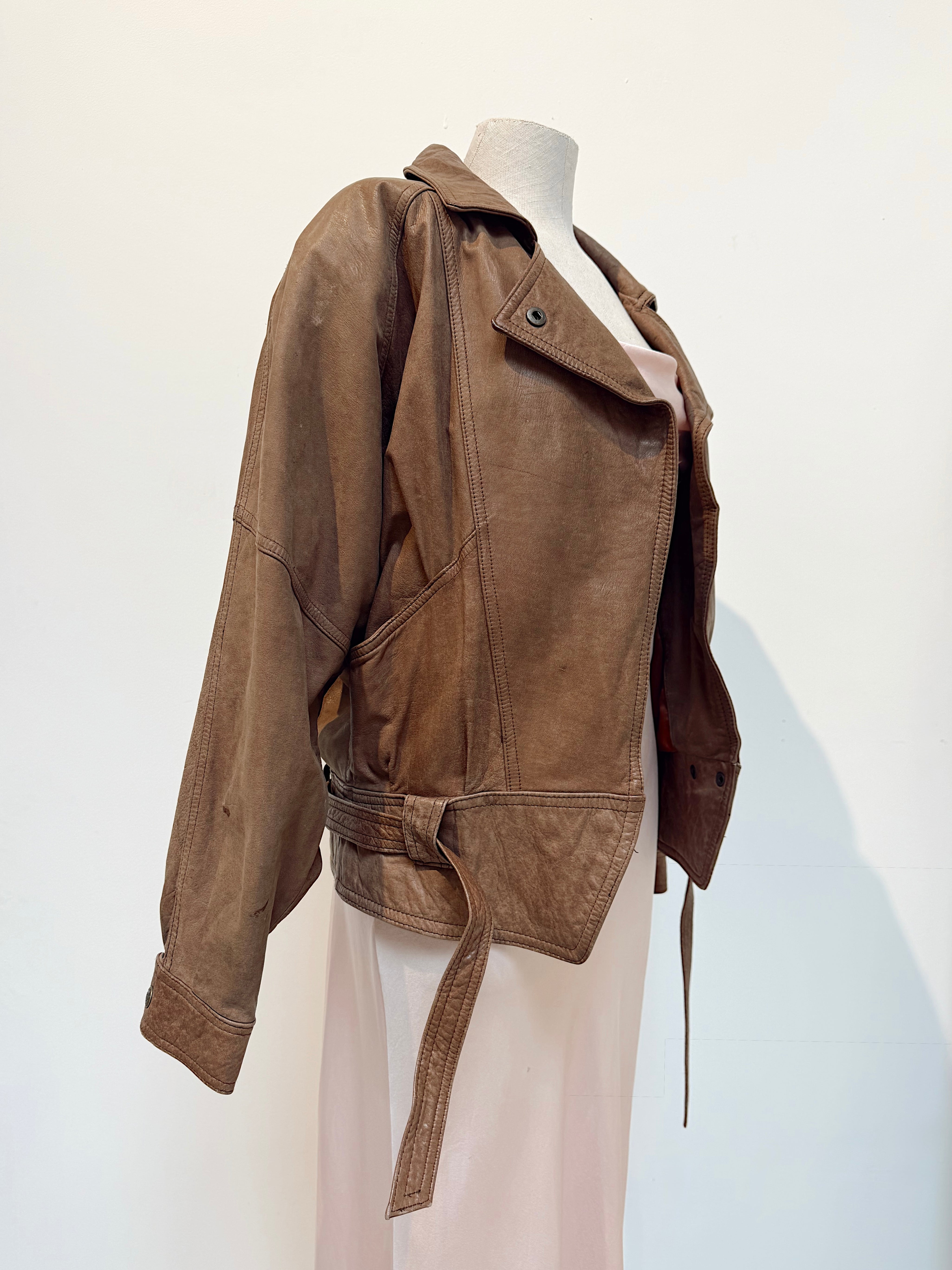 Vintage Brown Leather Jacket w/ Snap Tie Waist