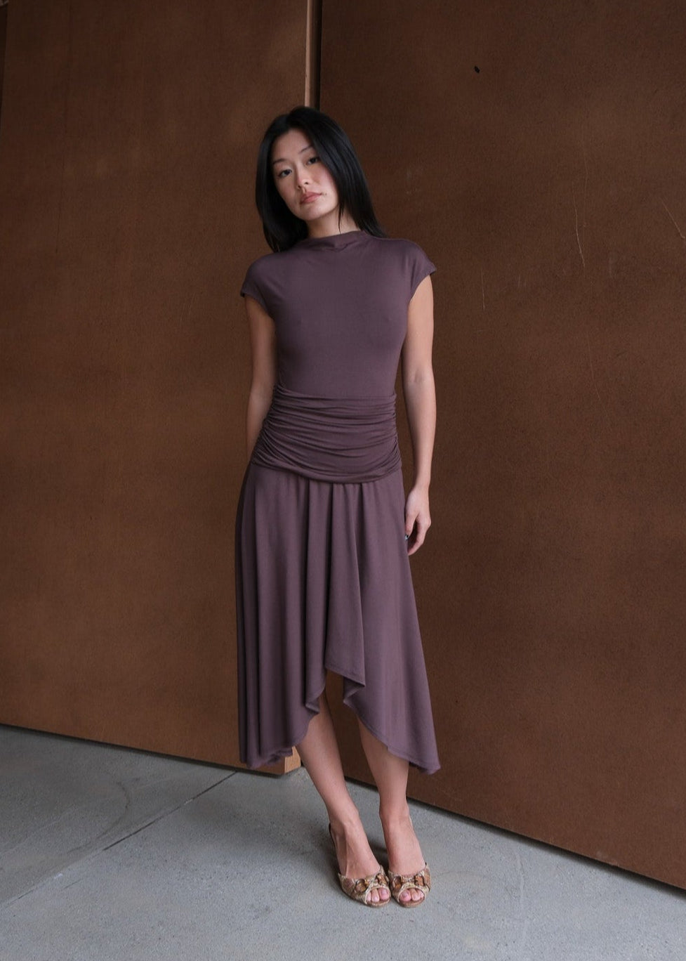 Geel Brown Asymmetric Hem Elodie Dress