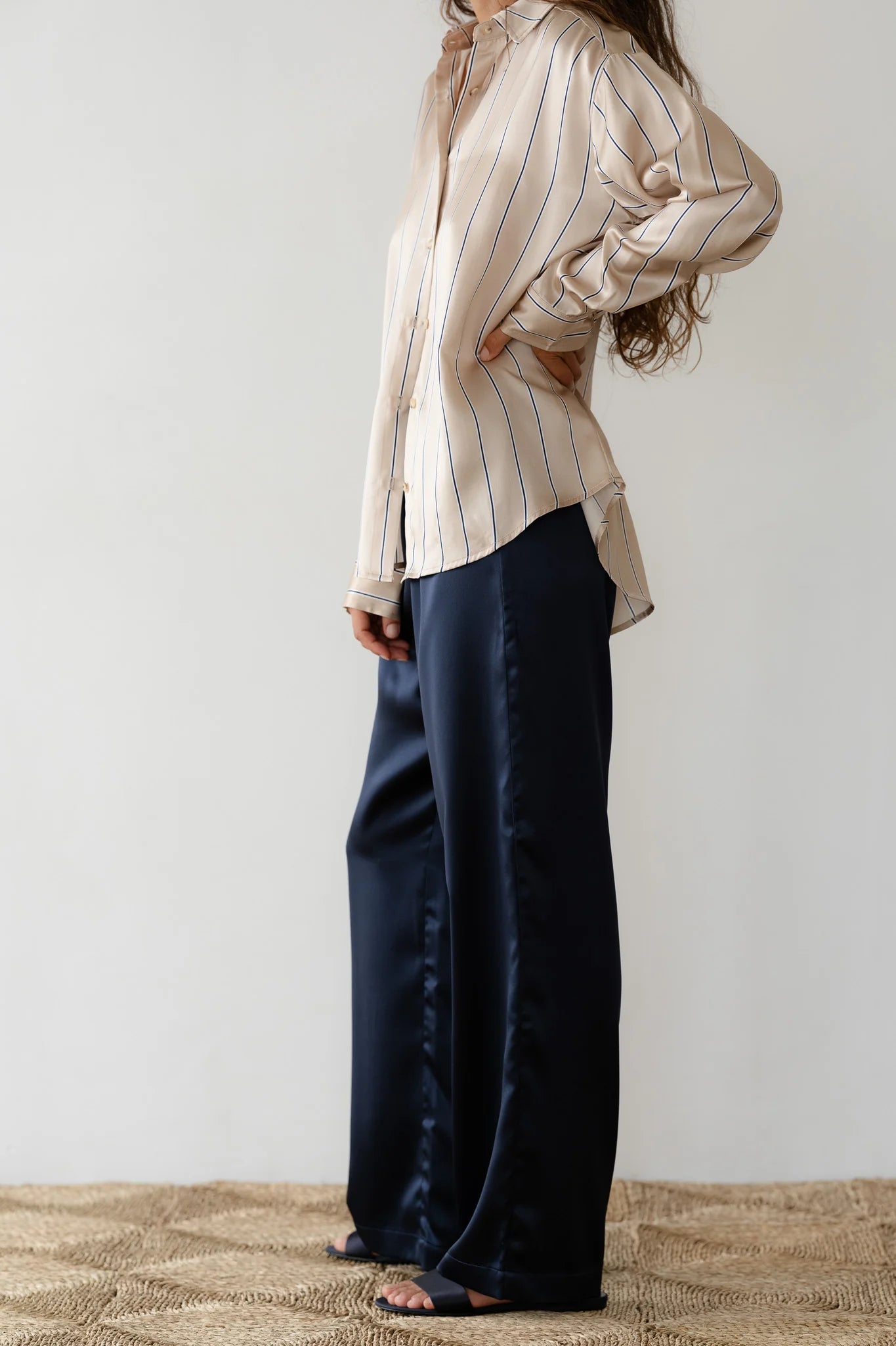 Donni Navy Silk Simple Pant