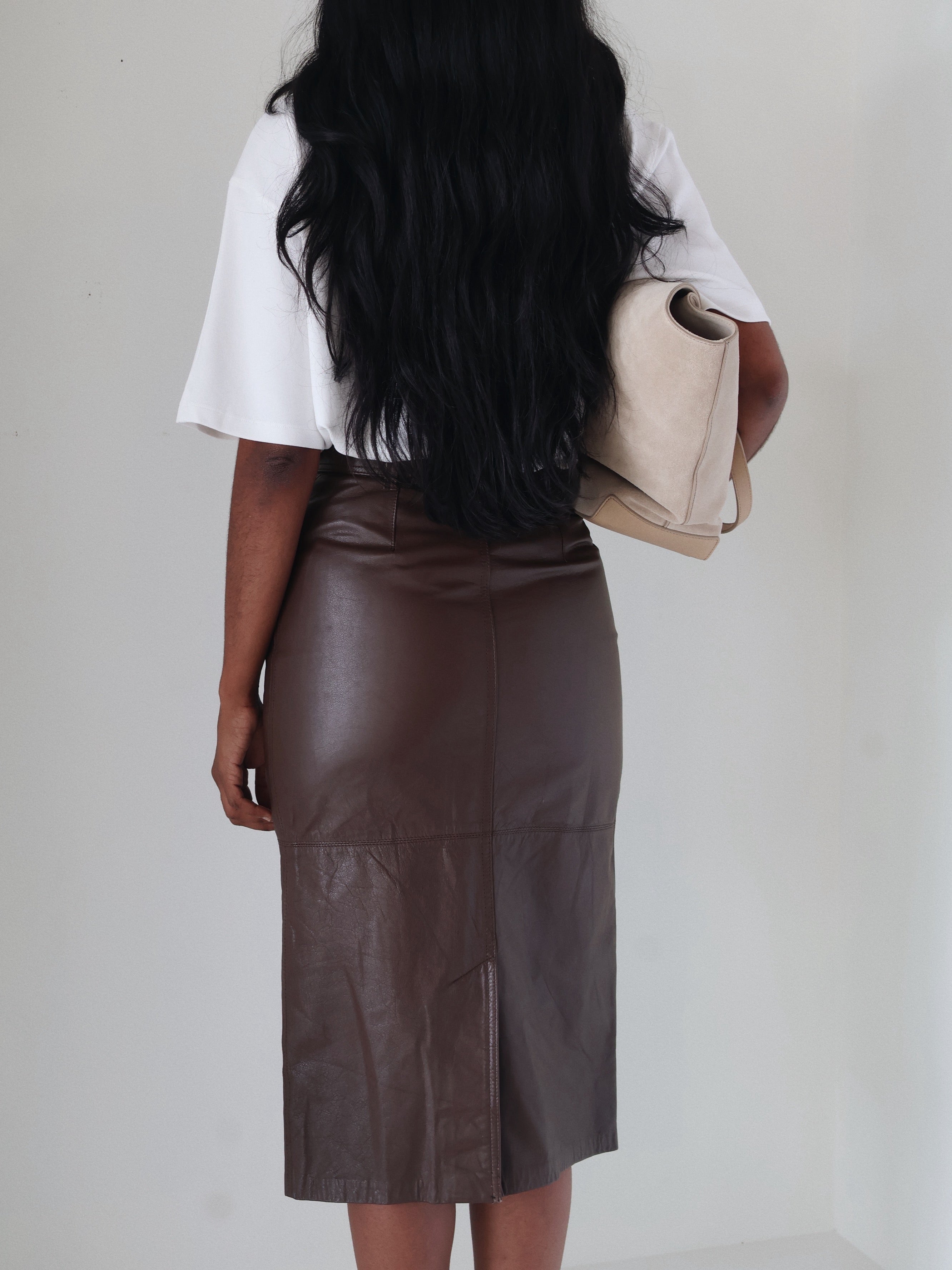 Vintage Belted Leather Midi Skirt