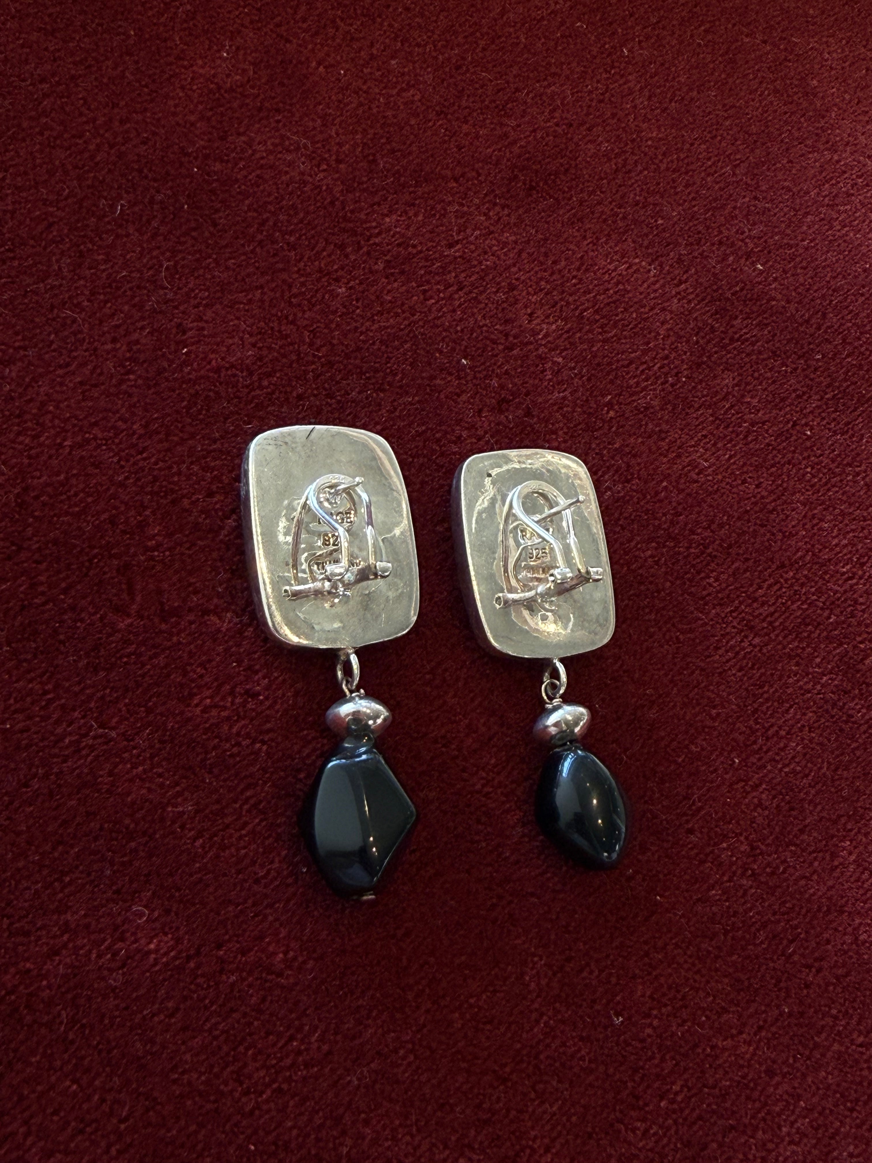 Vintage Sterling Silver Modernist Black Bead Earrings