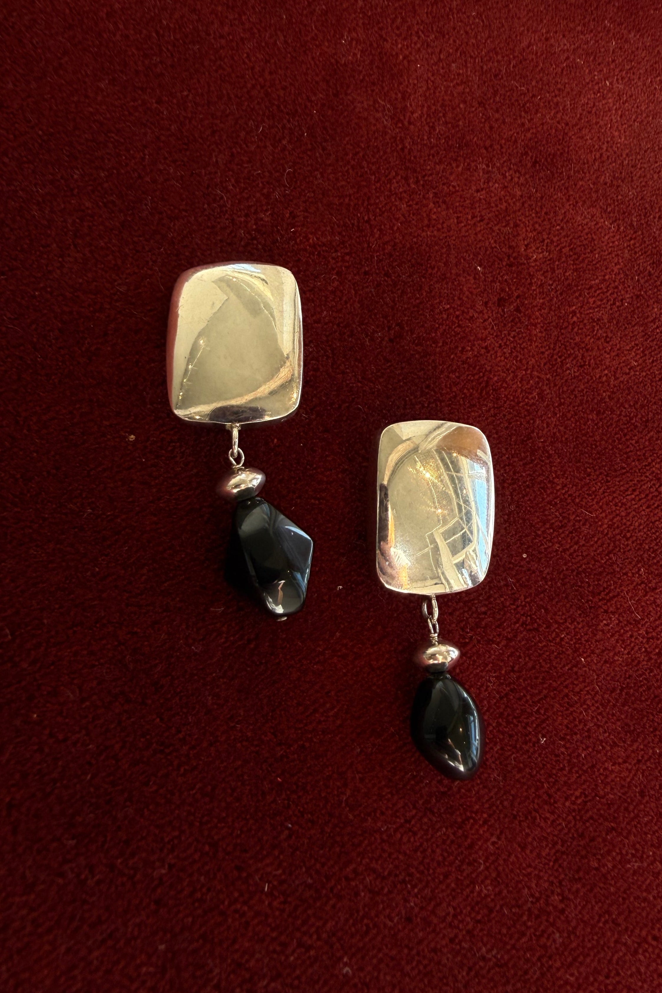 Vintage Sterling Silver Modernist Black Bead Earrings