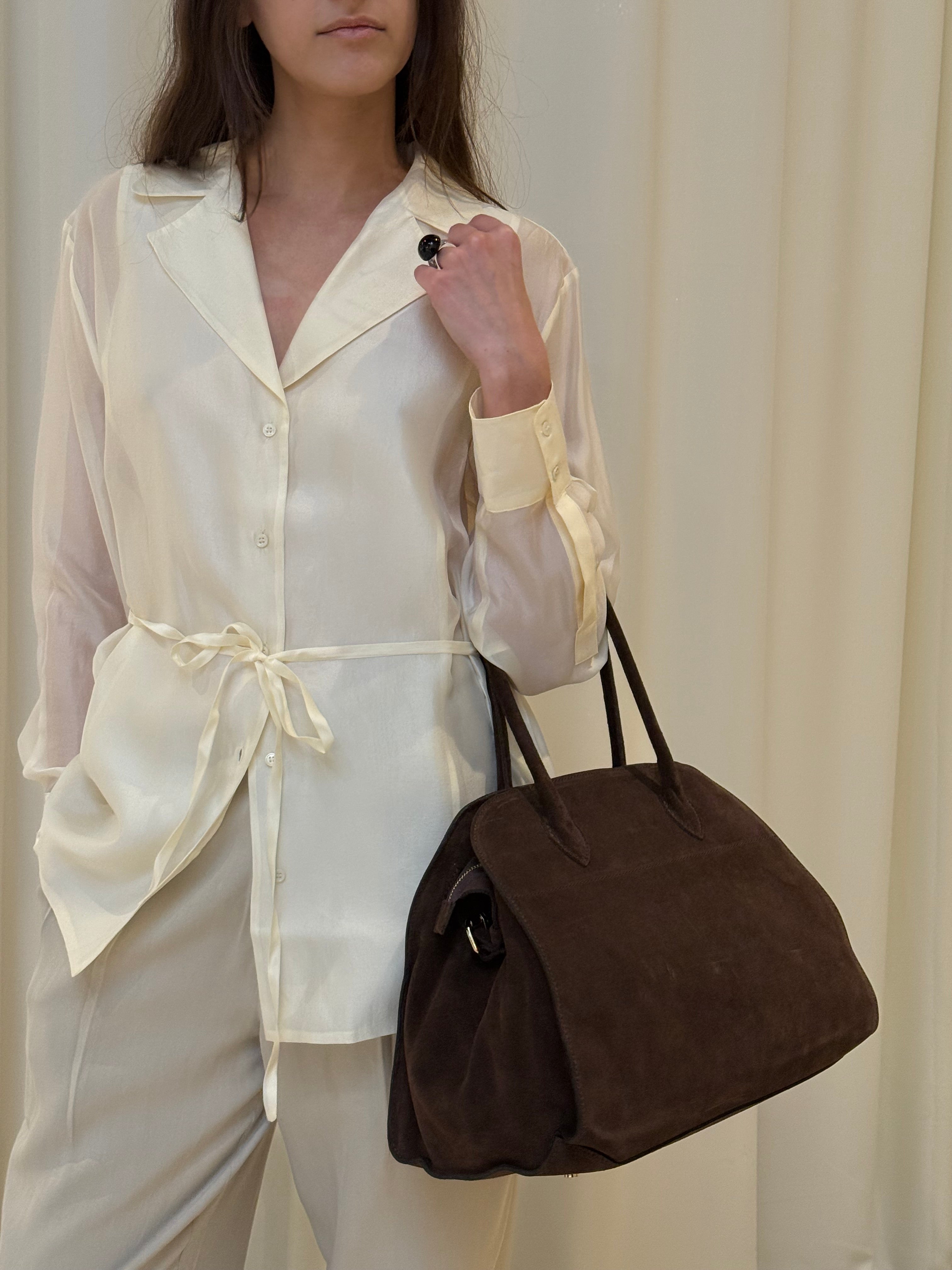 Chocolate Suede Leather Top-Handle Bag