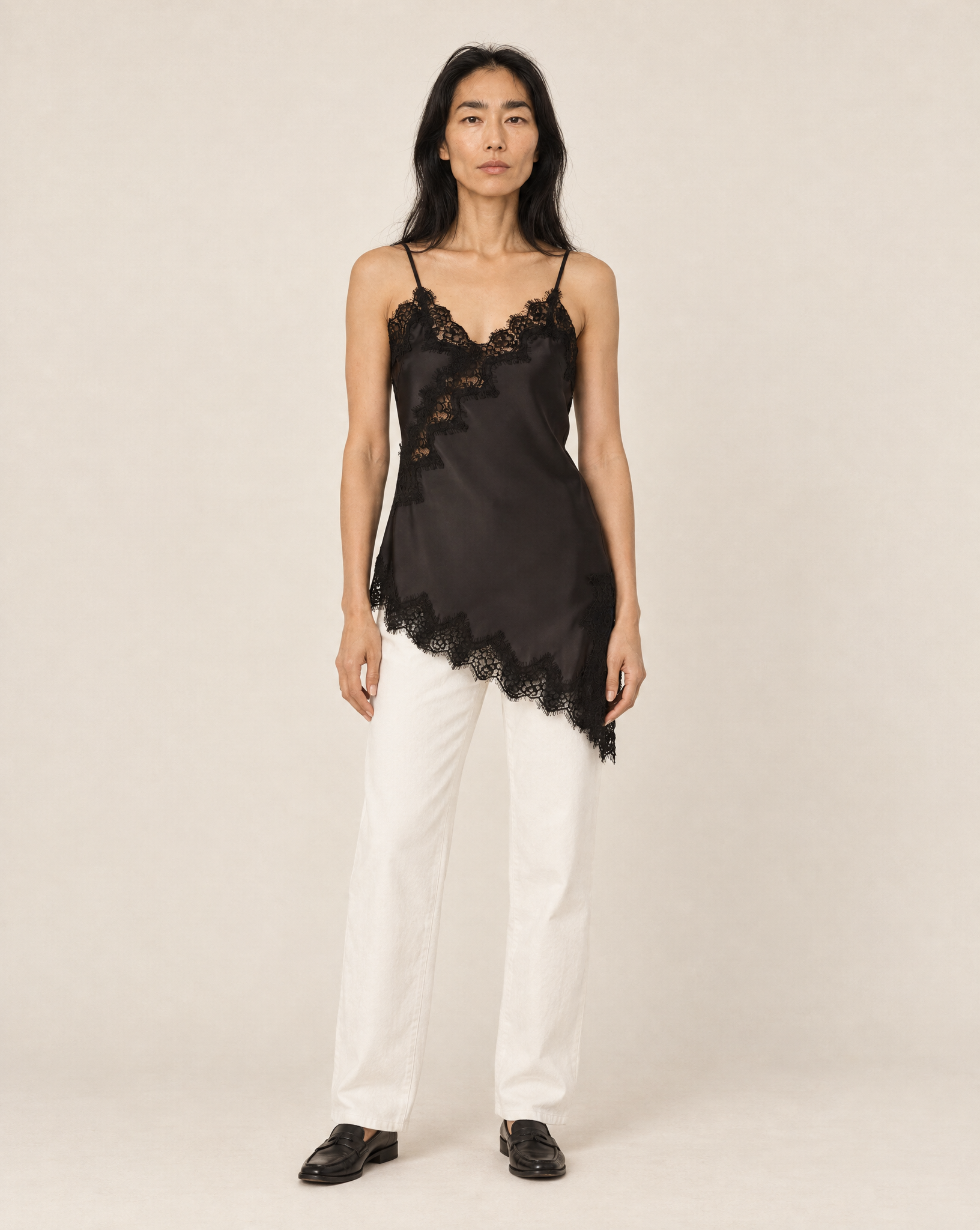 Black Asymmetrical Lace Trim Cami