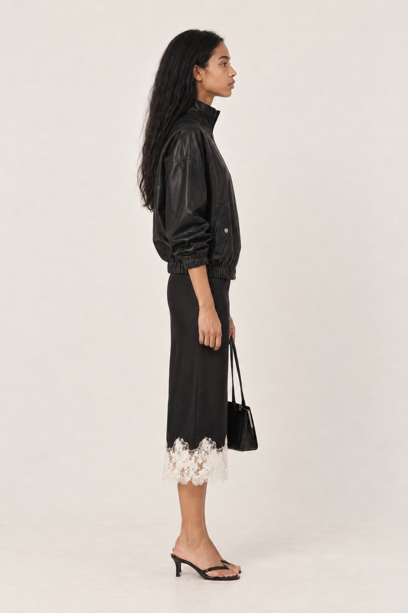 Black Shantel Lace Trim Midi Skirt