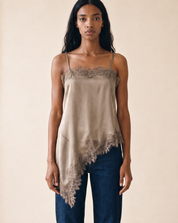 Taupe Asymmetrical Lace Satin Top