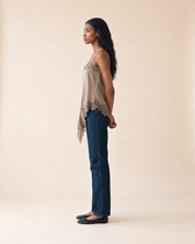 Taupe Asymmetrical Lace Satin Top