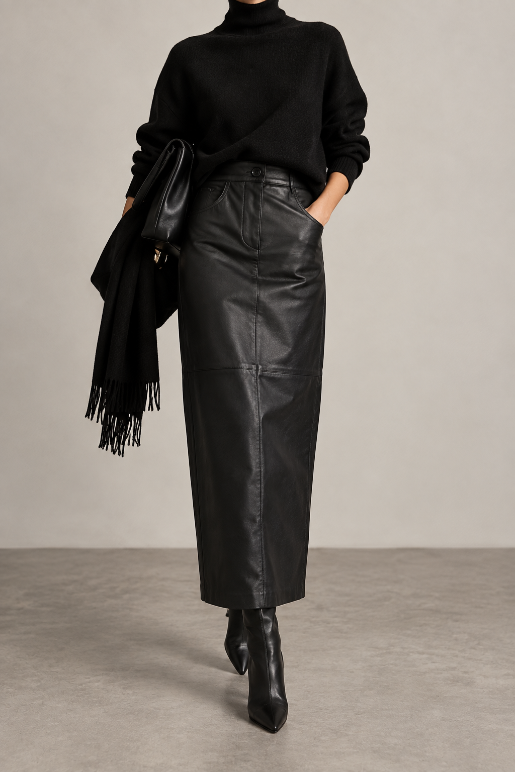 Vintage Black Leather Maxi Skirt - 27" Waist