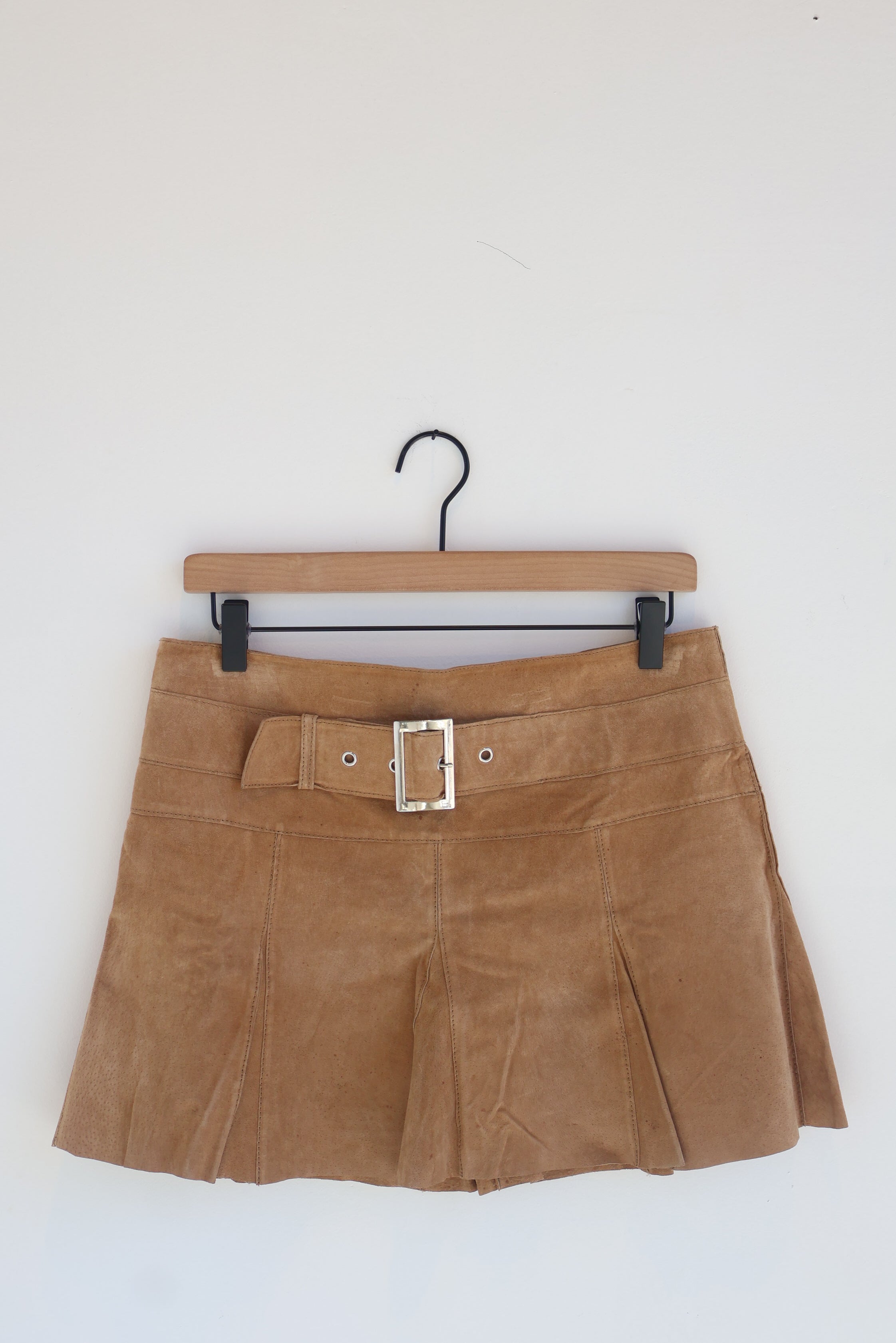 Vintage Buckled Camel Suede Mini Skirt