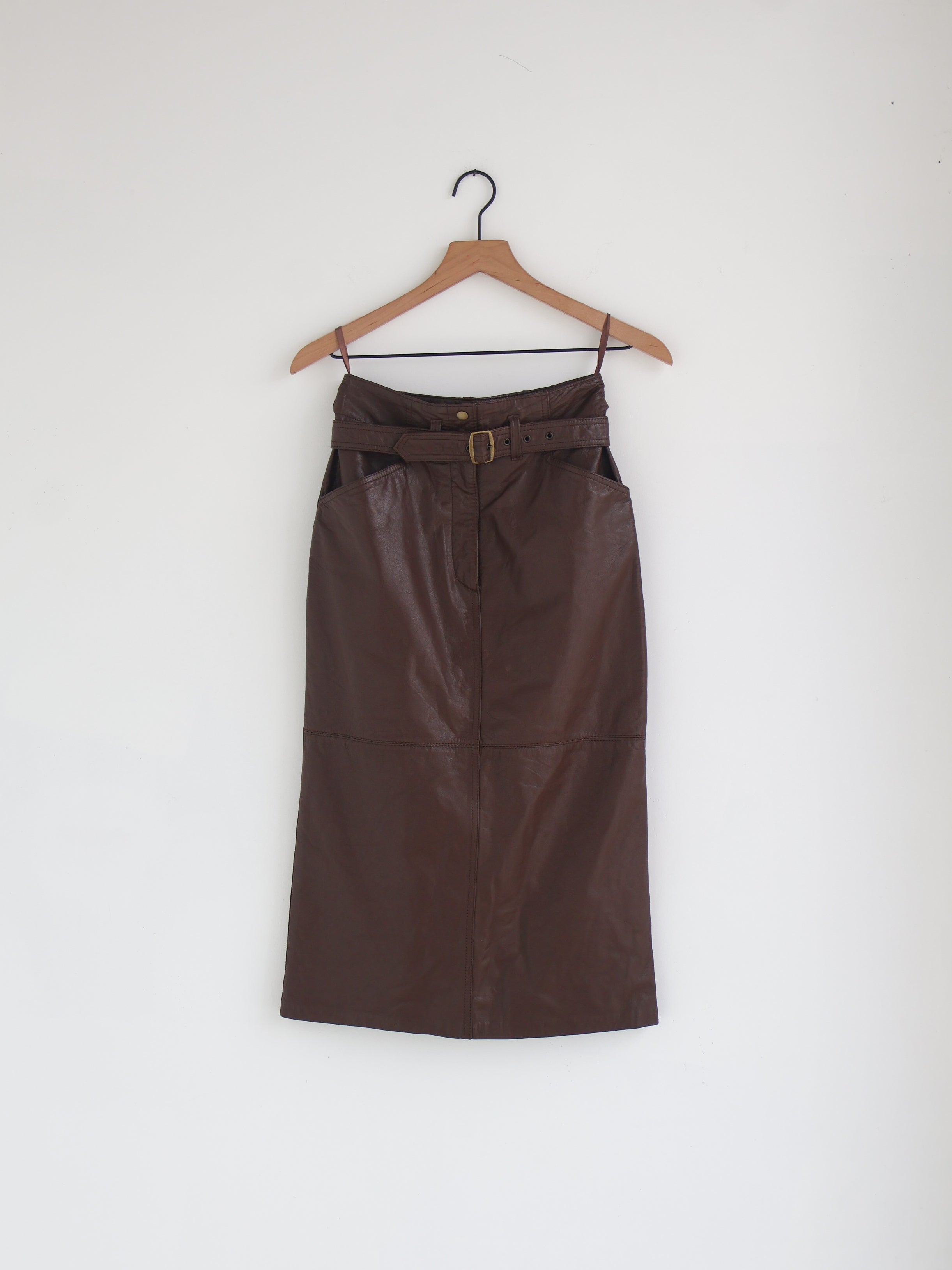 Vintage Belted Leather Midi Skirt