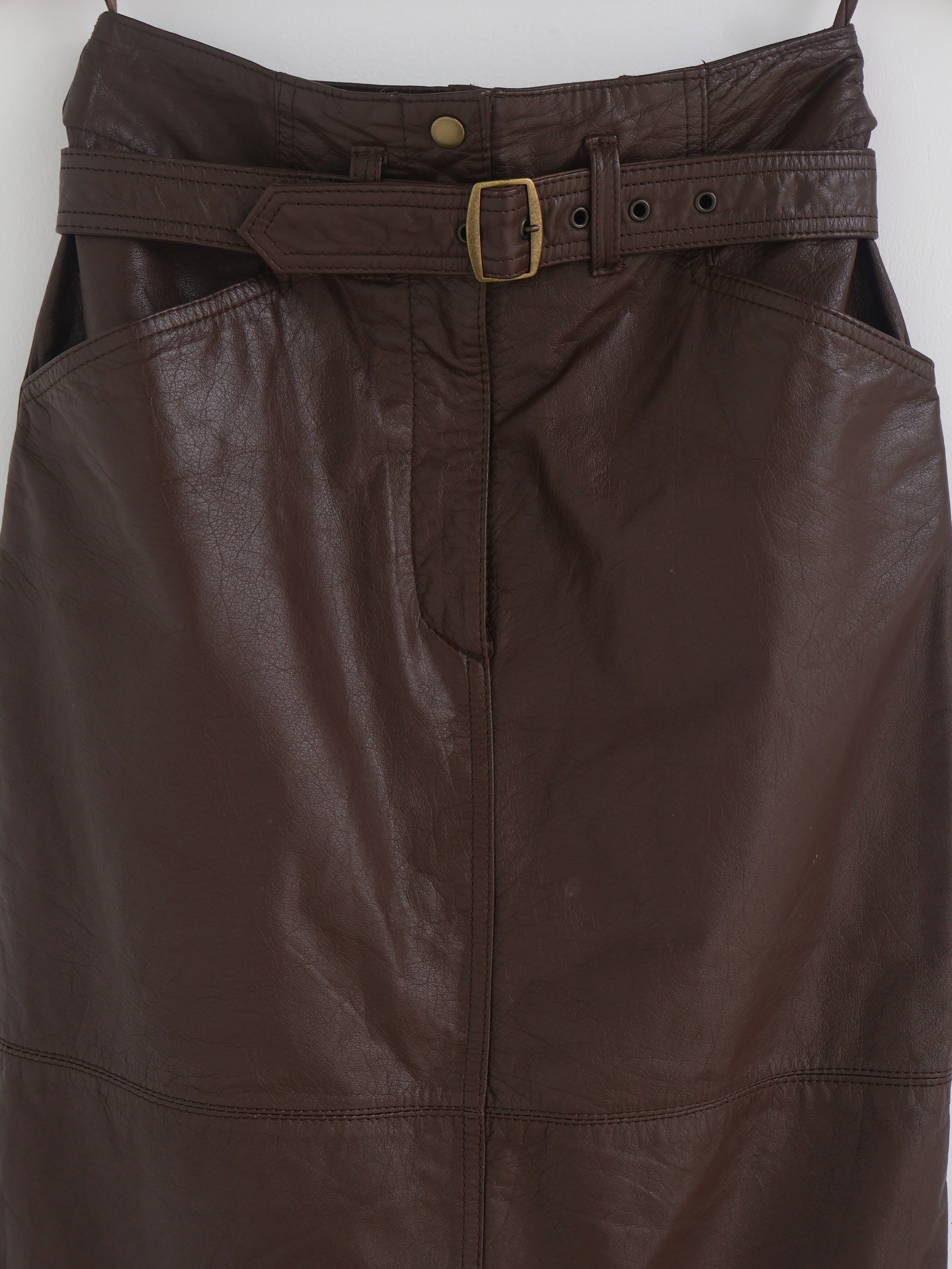 Vintage Belted Leather Midi Skirt
