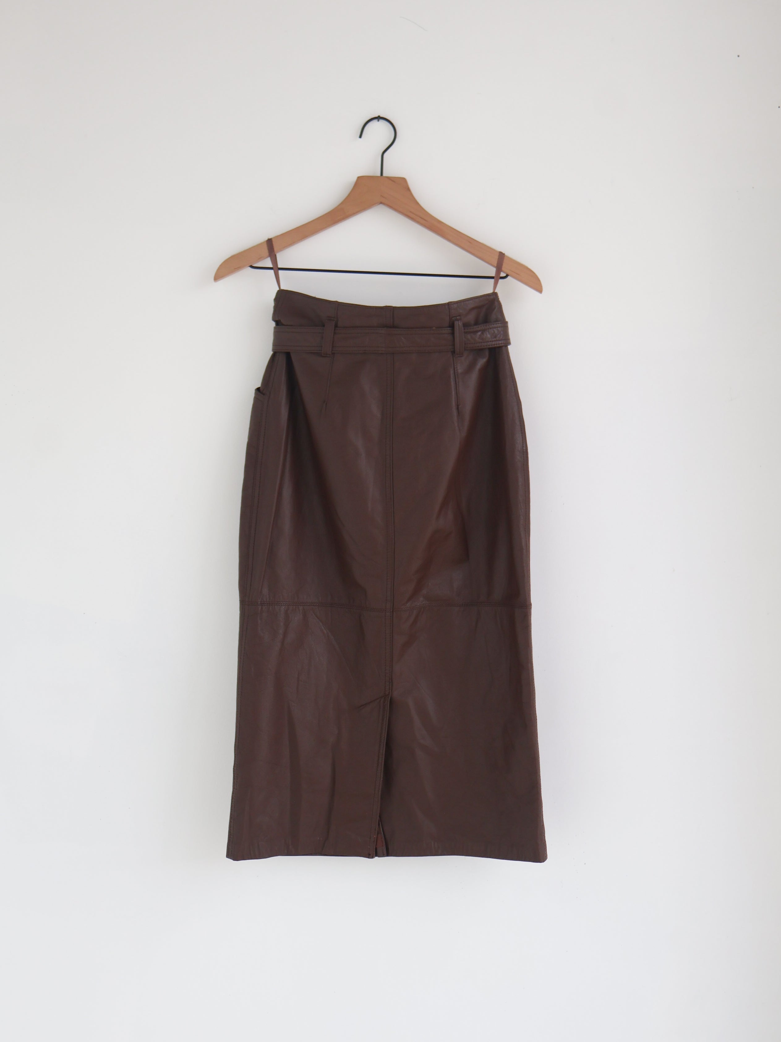 Vintage Belted Leather Midi Skirt