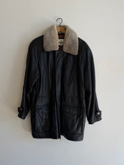 Vintage Bill Blass Mens Black Leather Coat w/ Shearling Collar