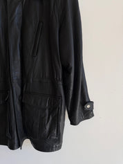 Vintage Bill Blass Mens Black Leather Coat w/ Shearling Collar