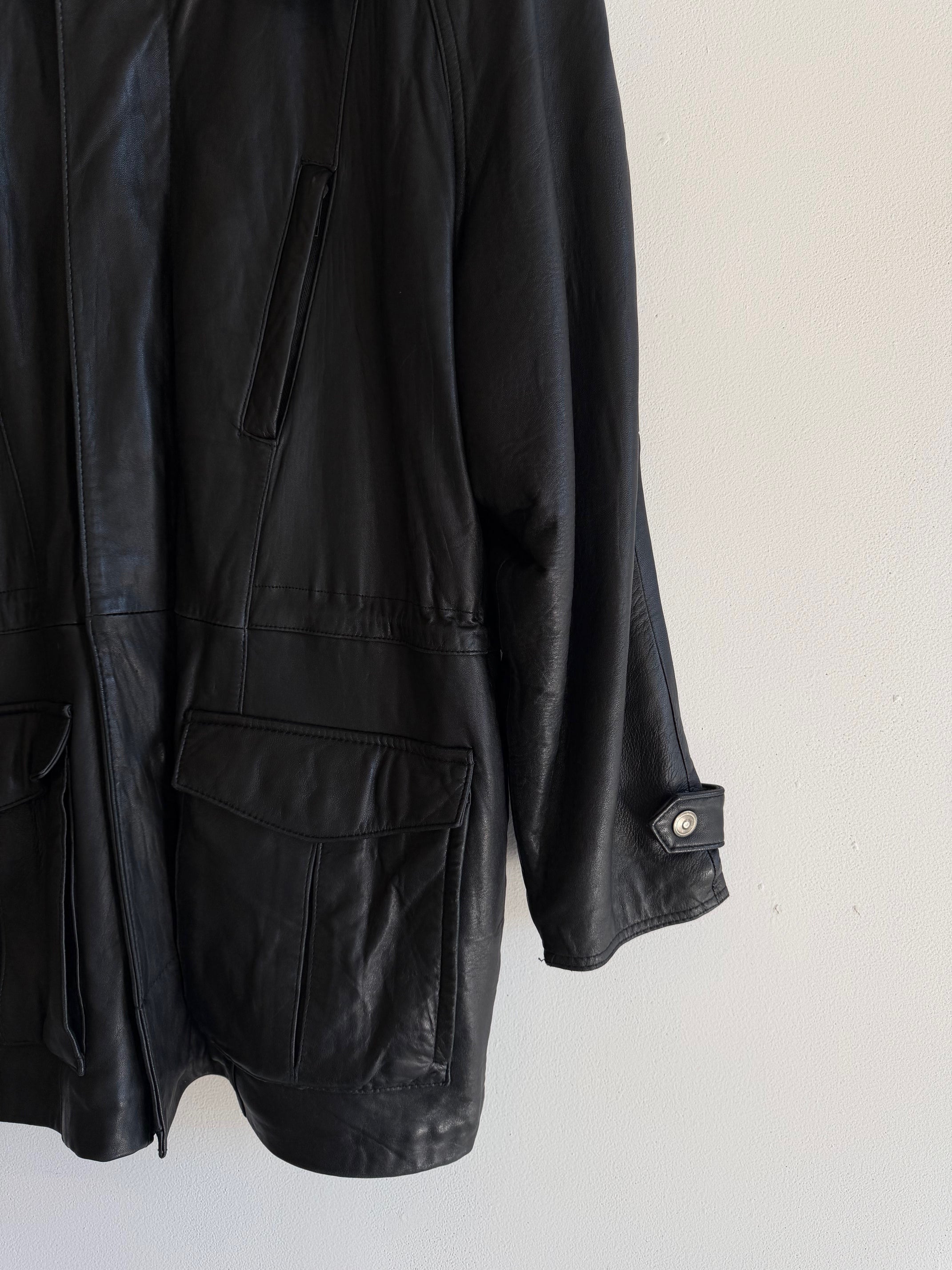 Vintage Bill Blass Mens Black Leather Coat w/ Shearling Collar