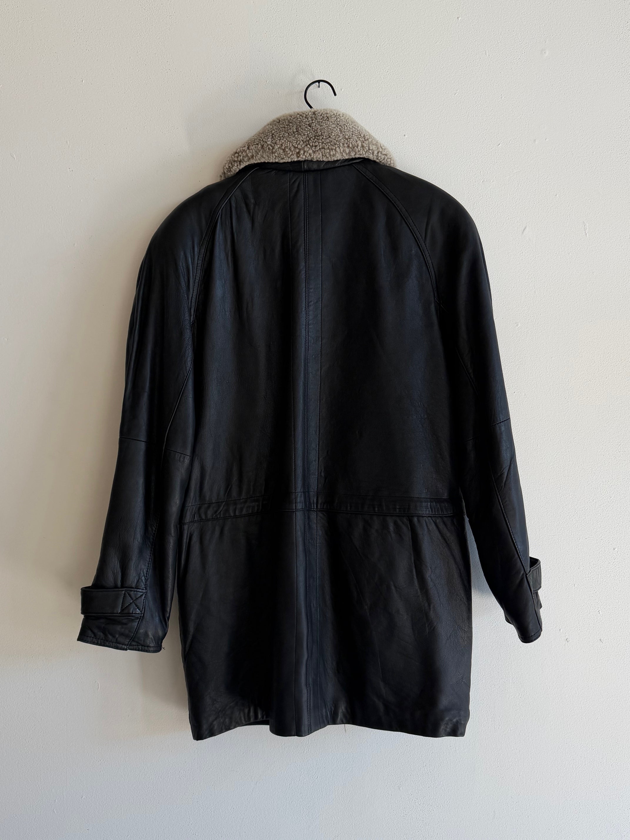 Vintage Bill Blass Mens Black Leather Coat w/ Shearling Collar