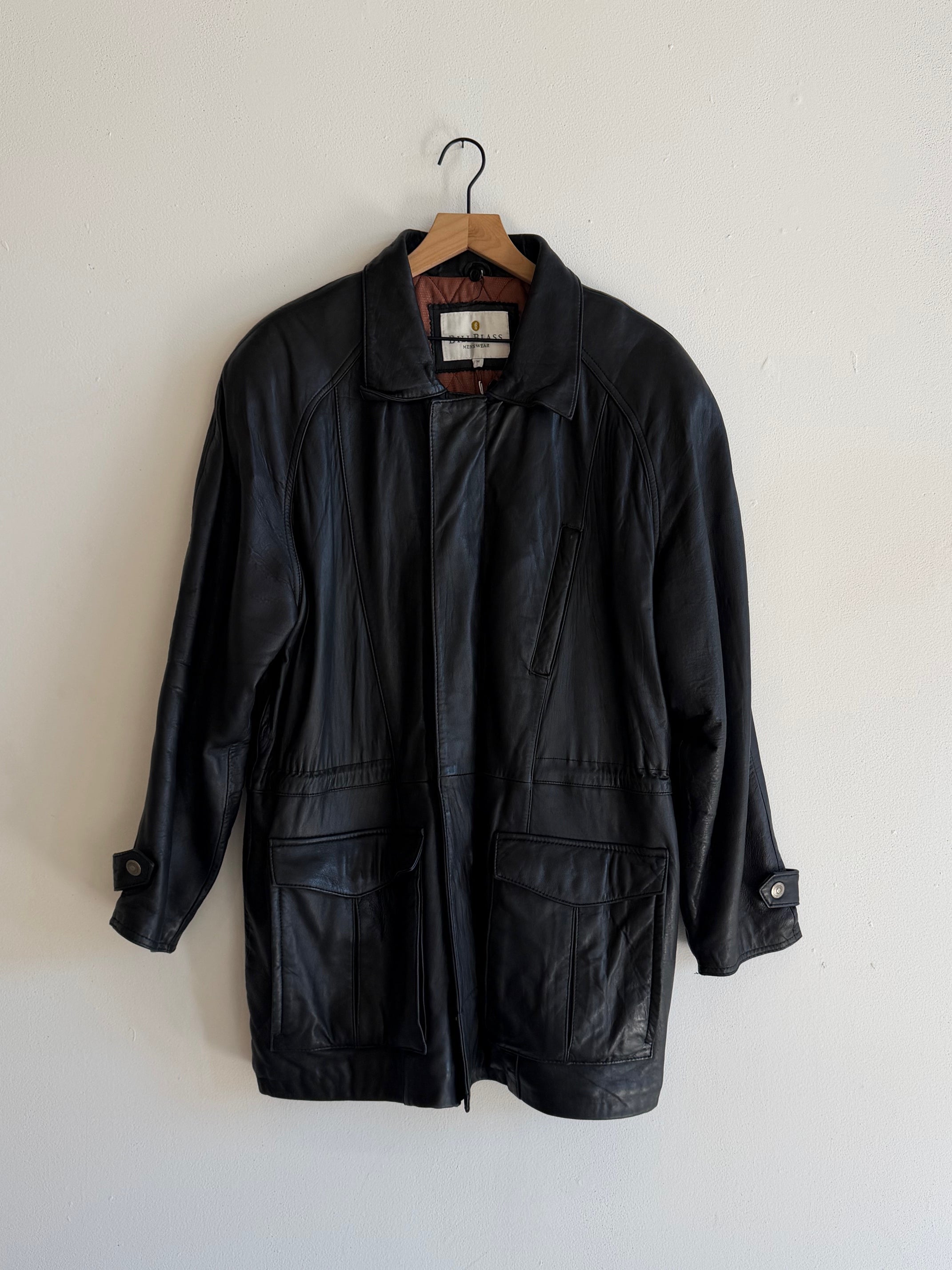 Vintage Bill Blass Mens Black Leather Coat w/ Shearling Collar