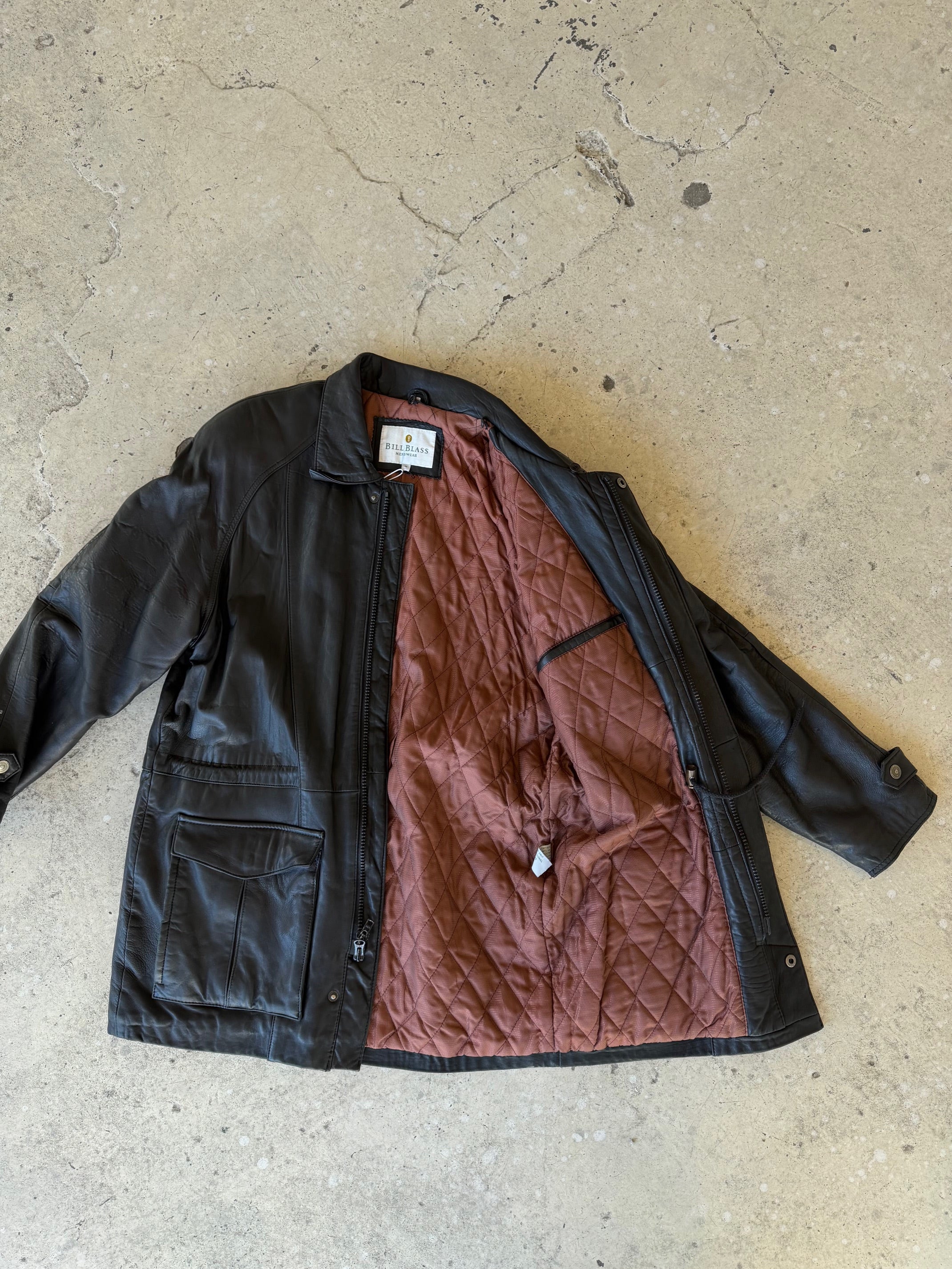 Vintage Bill Blass Mens Black Leather Coat w/ Shearling Collar