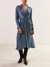 Slate Blue Gathered Long Sleeve Dress