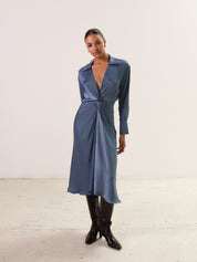 Slate Blue Gathered Long Sleeve Dress