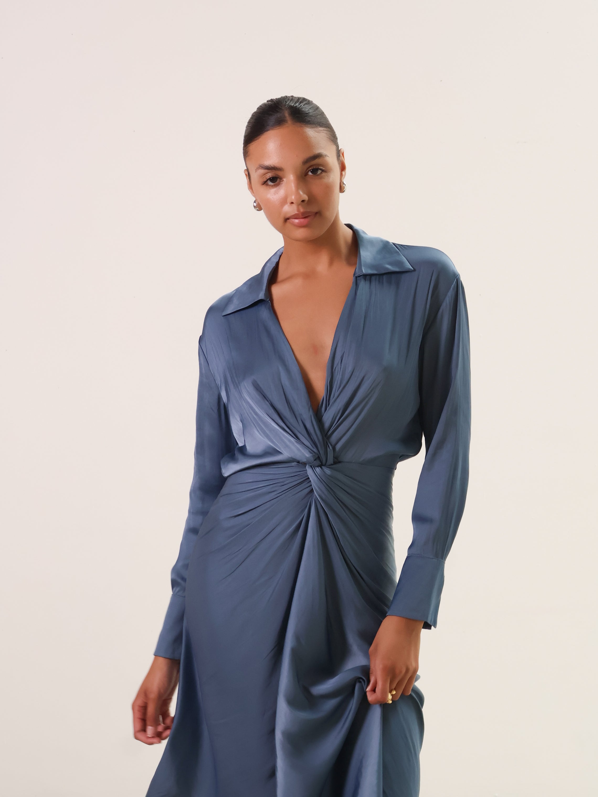 Slate Blue Gathered Long Sleeve Dress