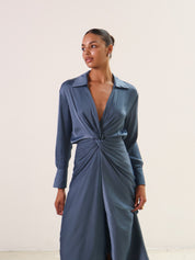 Slate Blue Gathered Long Sleeve Dress