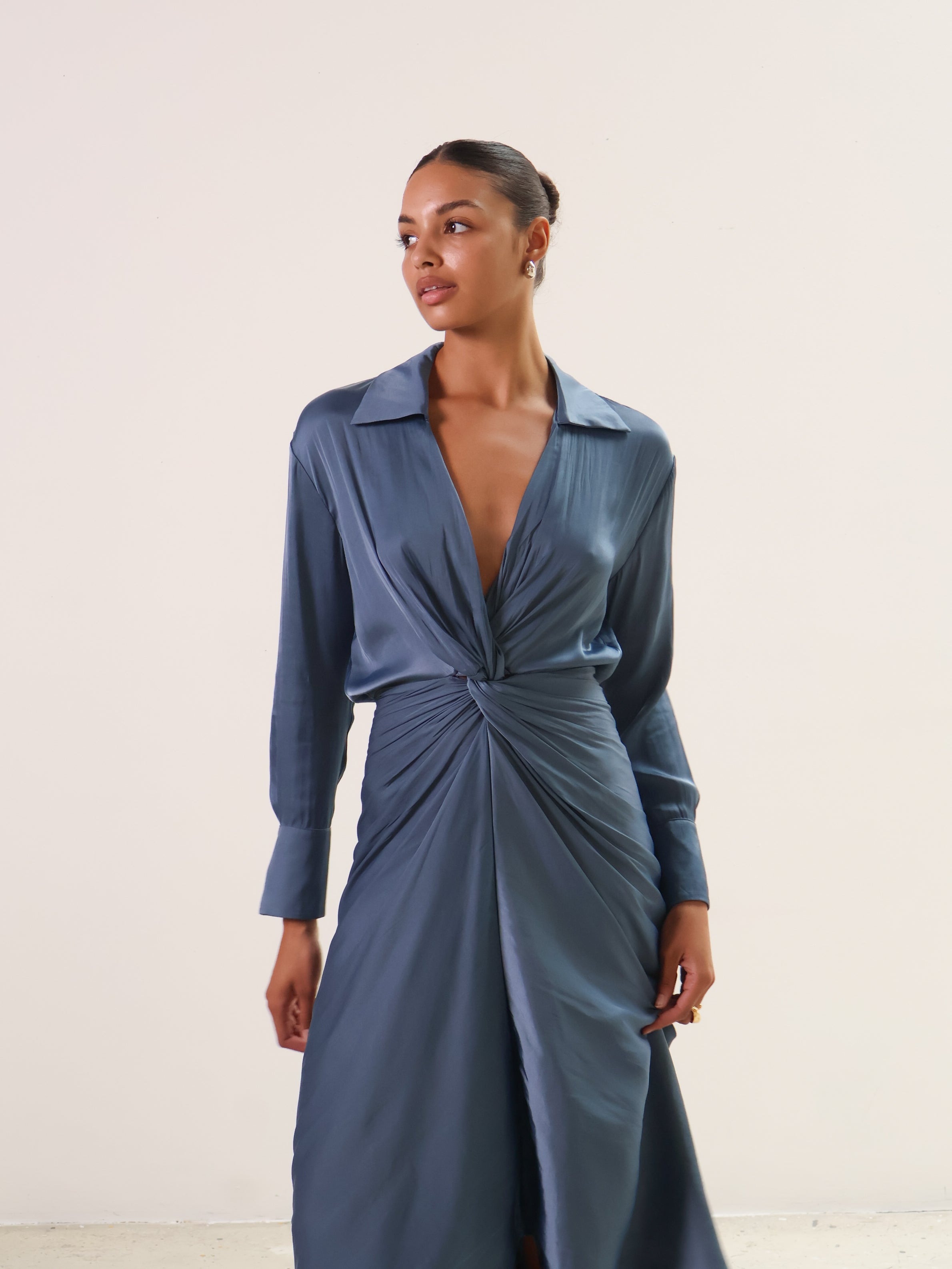 Slate Blue Gathered Long Sleeve Dress