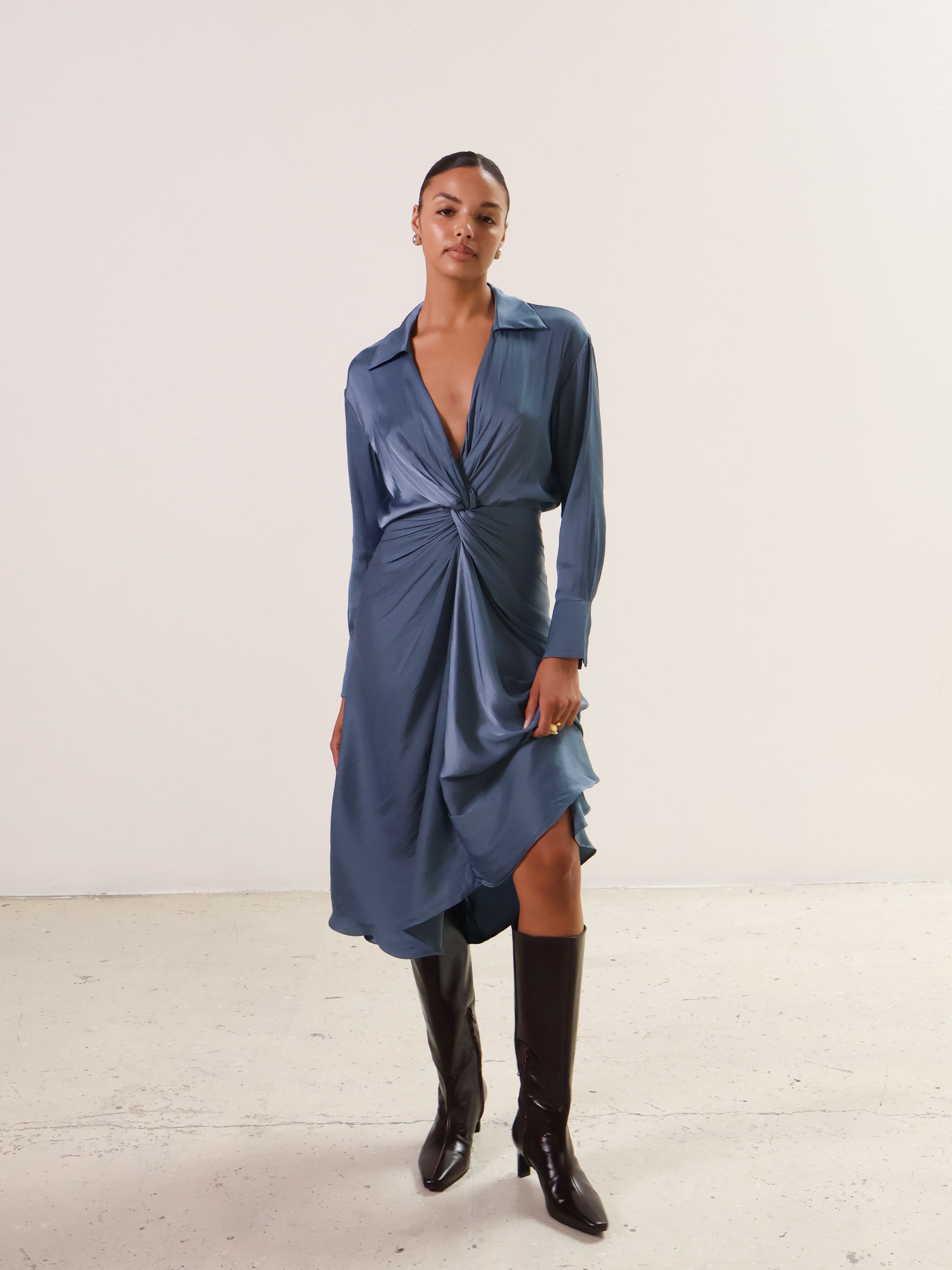 Slate Blue Gathered Long Sleeve Dress