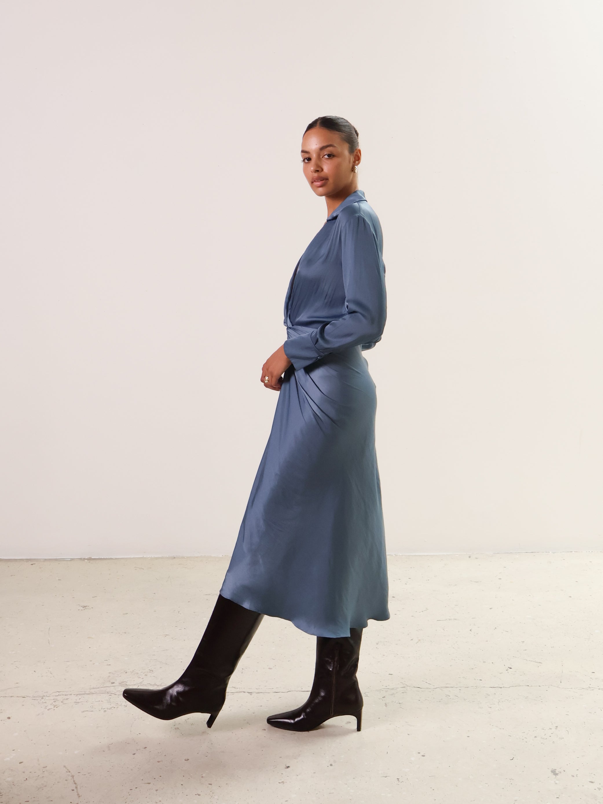 Slate Blue Gathered Long Sleeve Dress