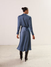 Slate Blue Gathered Long Sleeve Dress