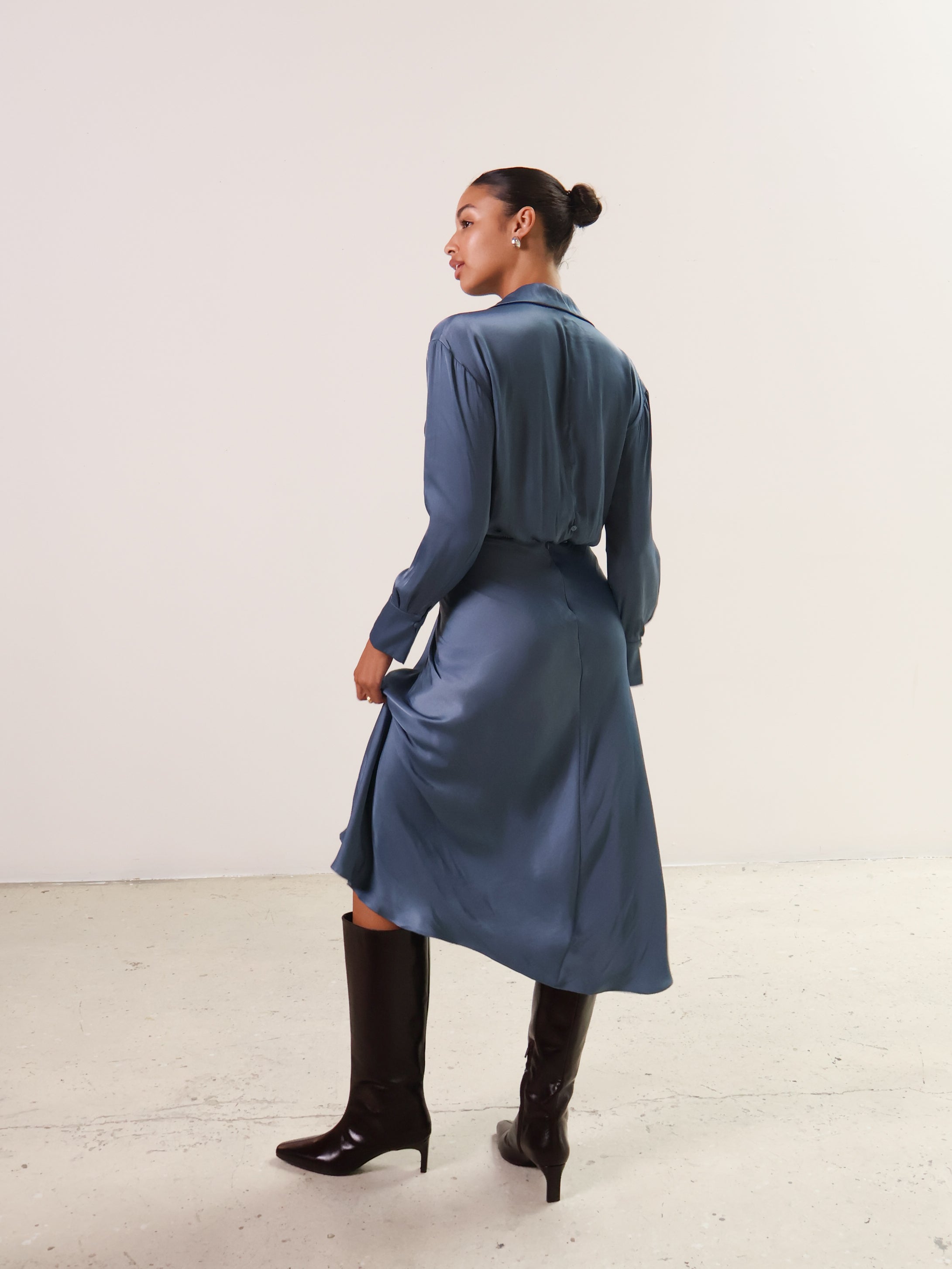 Slate Blue Gathered Long Sleeve Dress