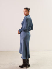 Slate Blue Gathered Long Sleeve Dress