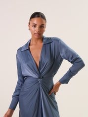 Slate Blue Gathered Long Sleeve Dress