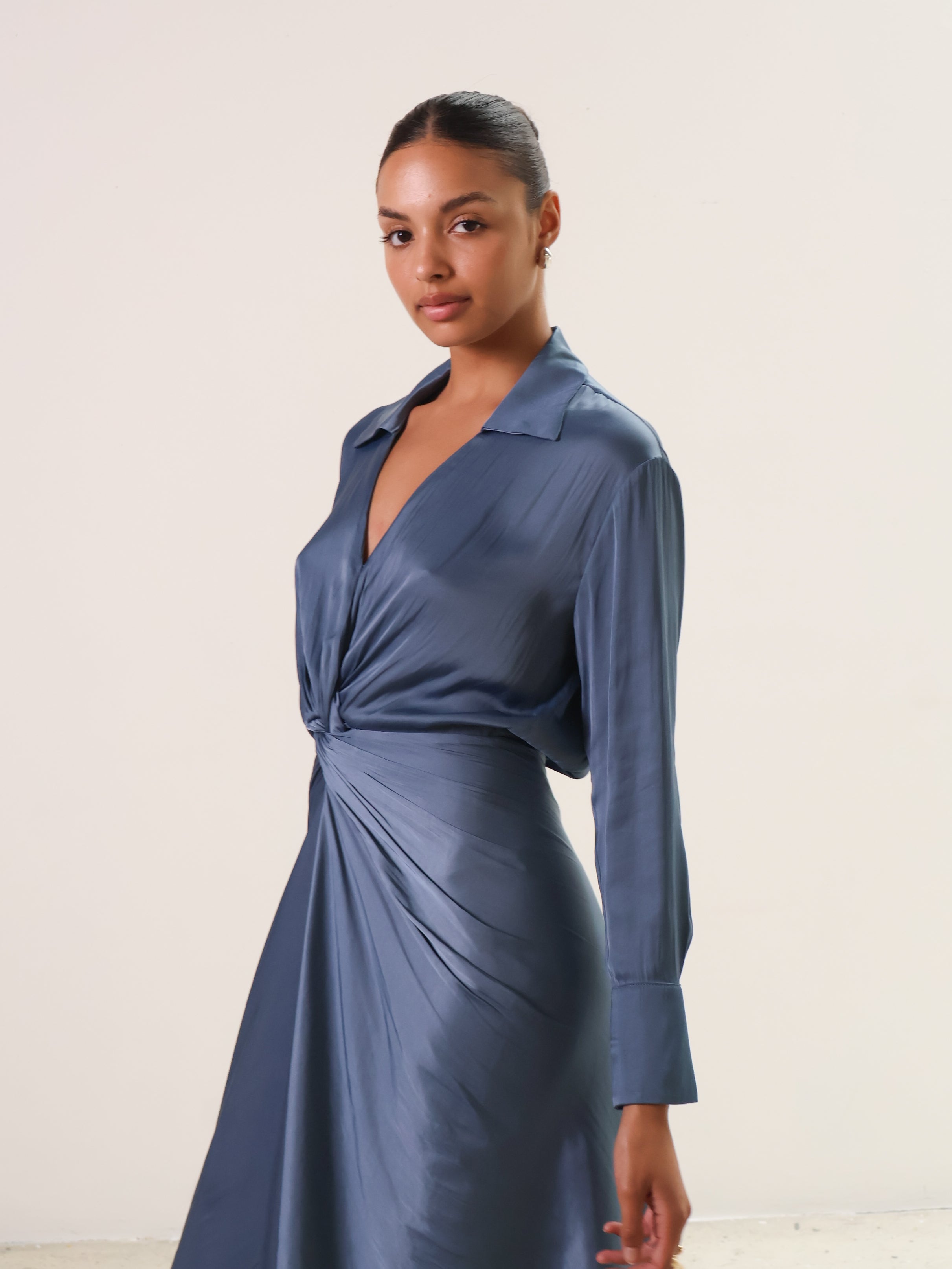 Slate Blue Gathered Long Sleeve Dress