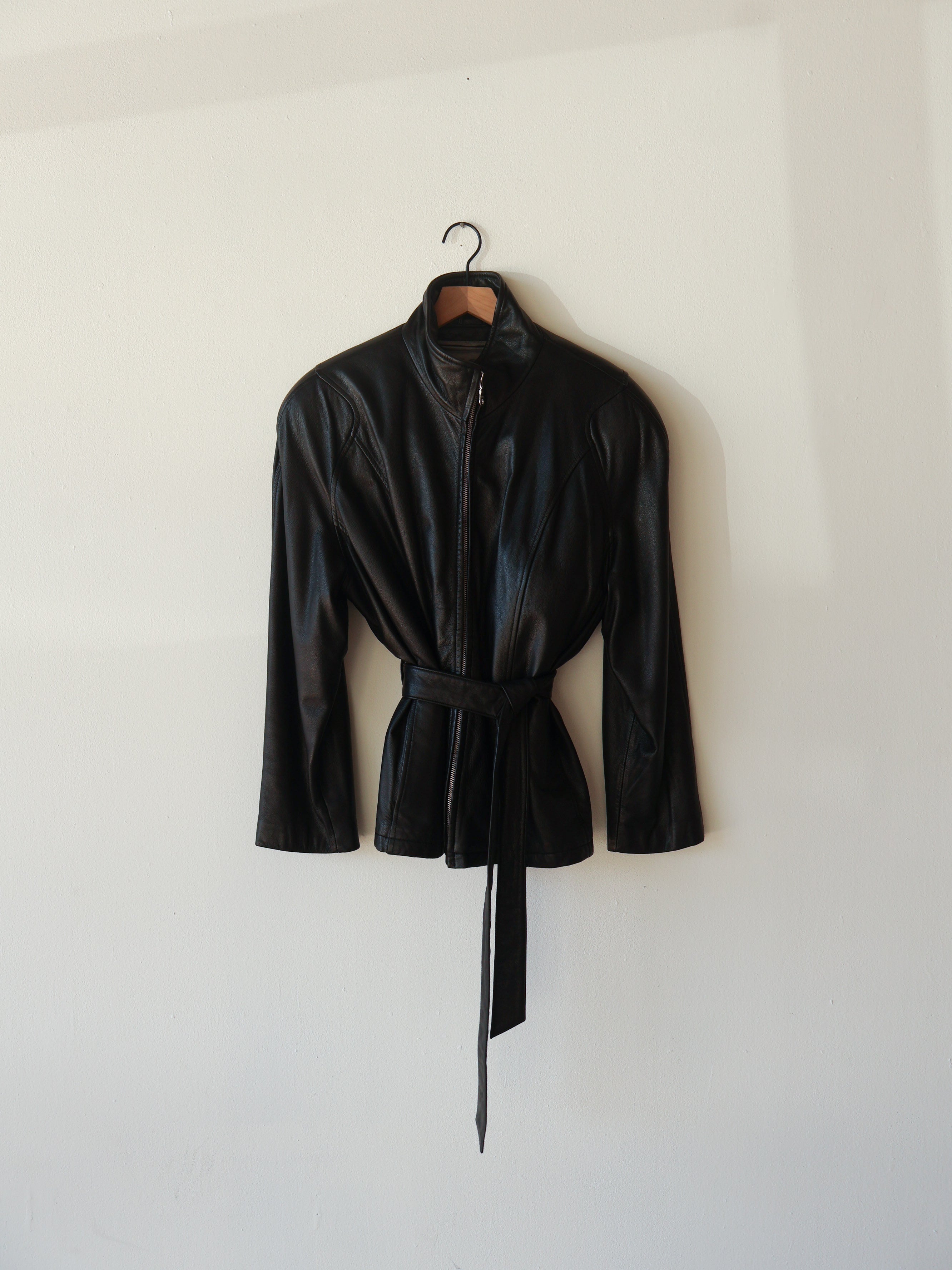Vintage Black Leather Belted Jacket
