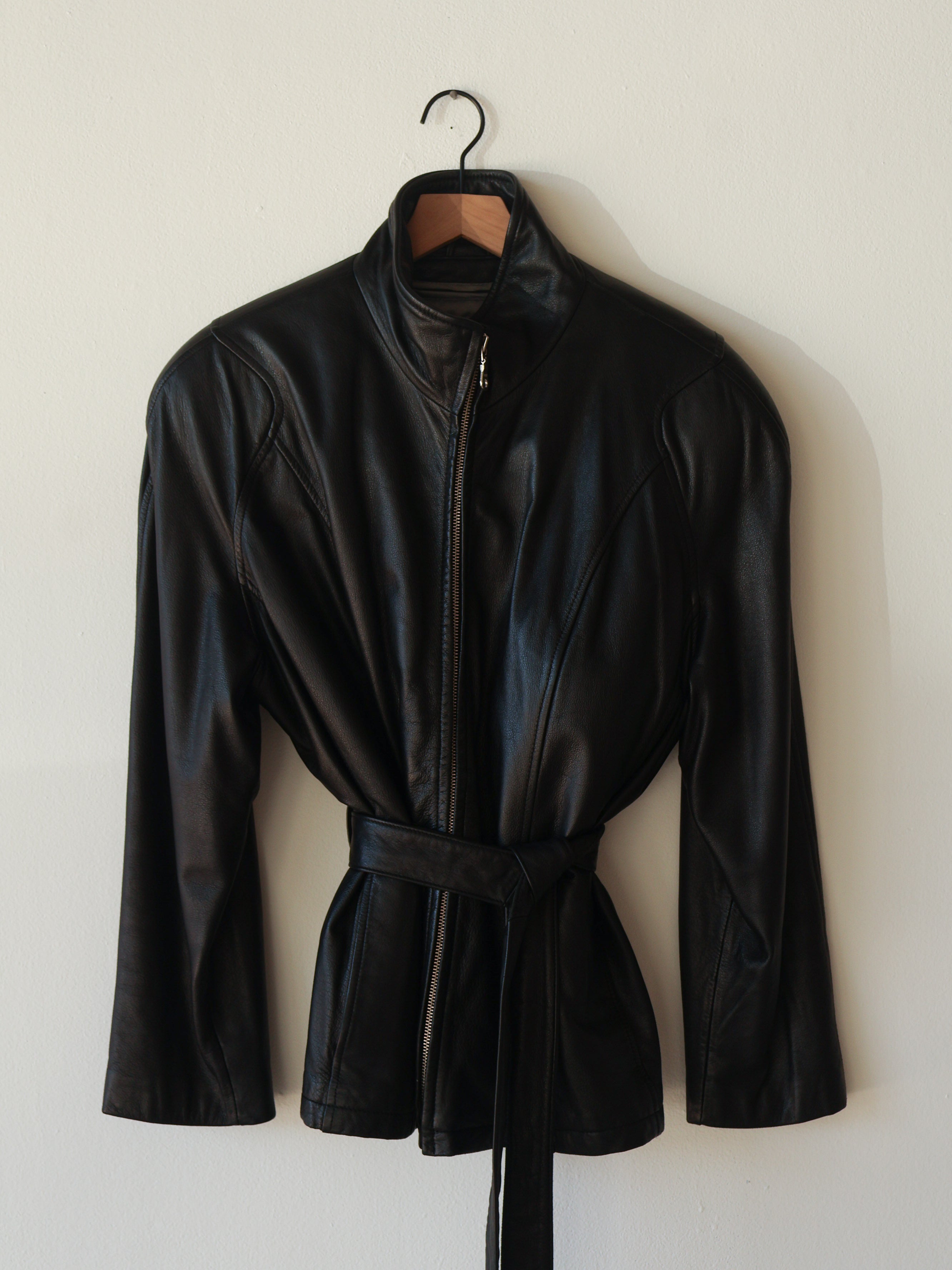 Vintage Black Leather Belted Jacket