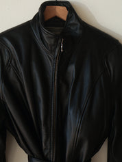 Vintage Black Leather Belted Jacket