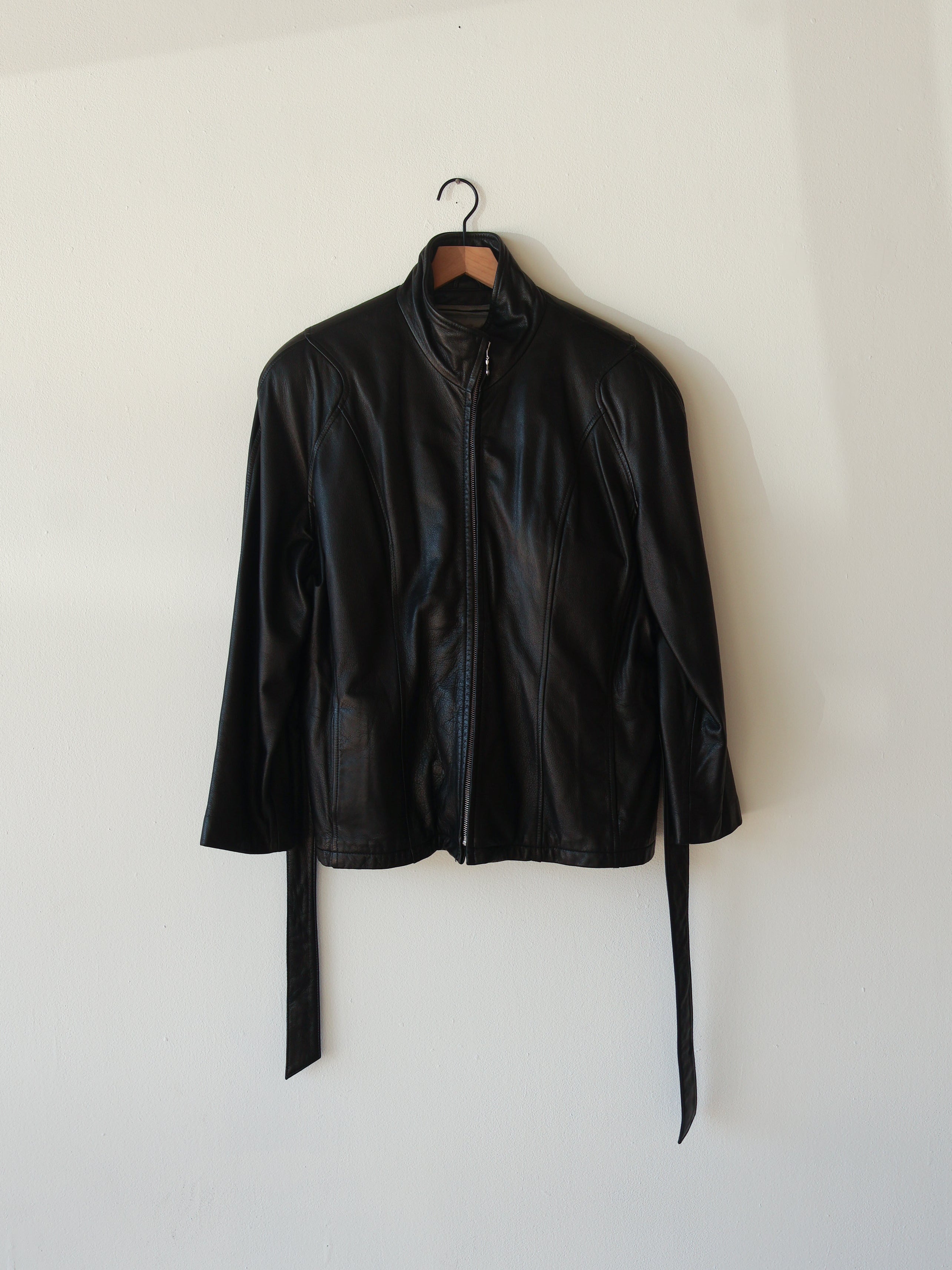 Vintage Black Leather Belted Jacket
