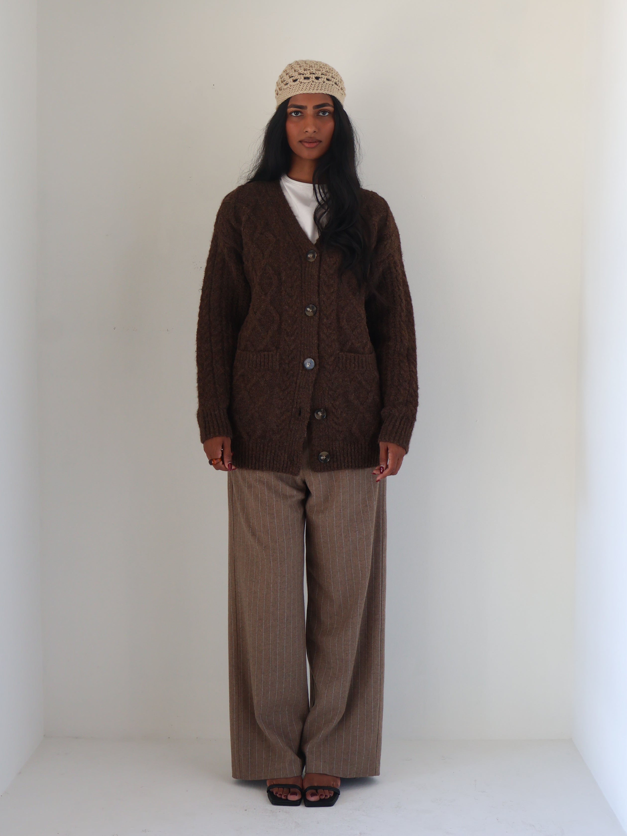 Brown Cable Knit Oversized Cardigan