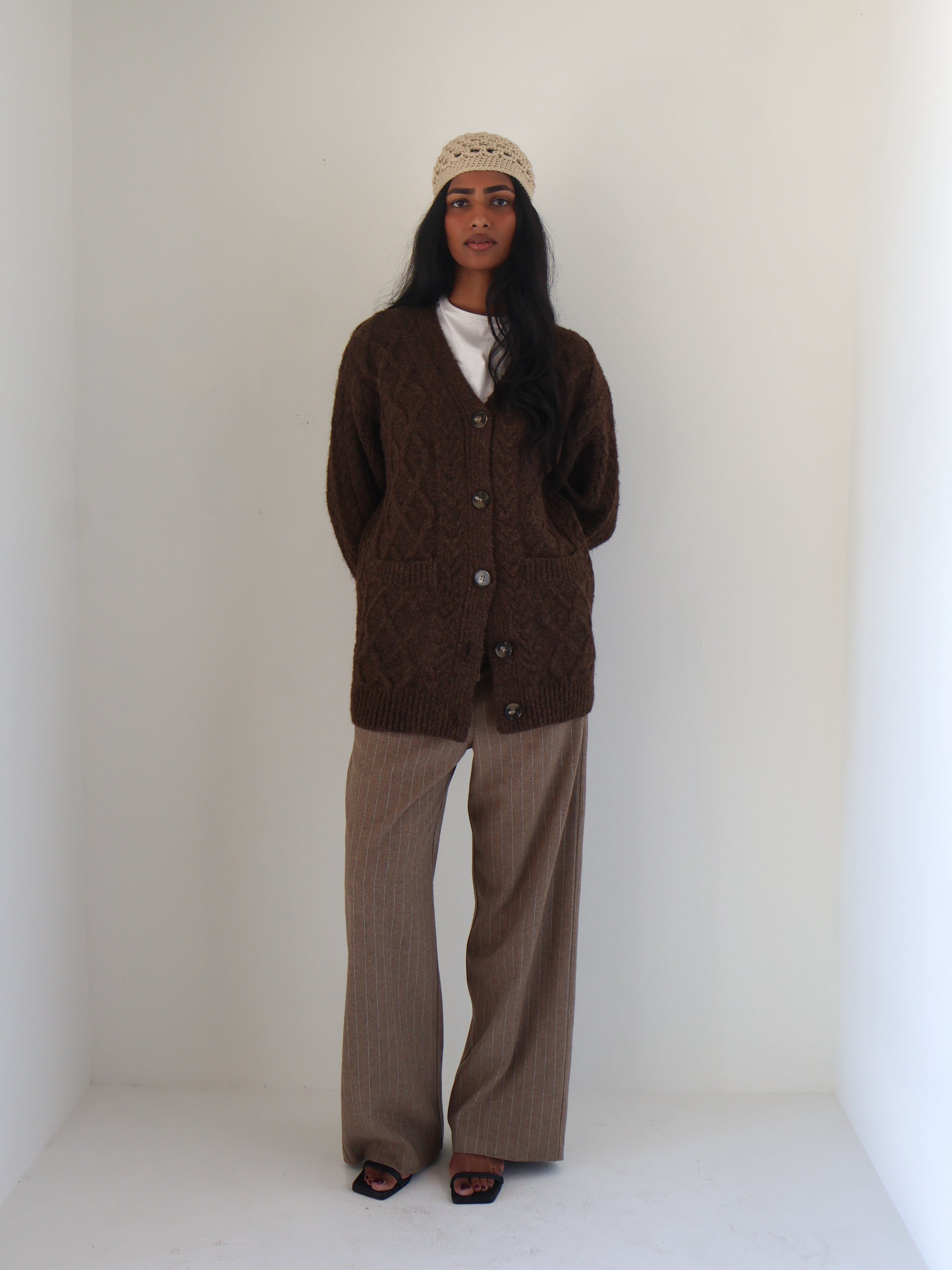 Brown Cable Knit Oversized Cardigan