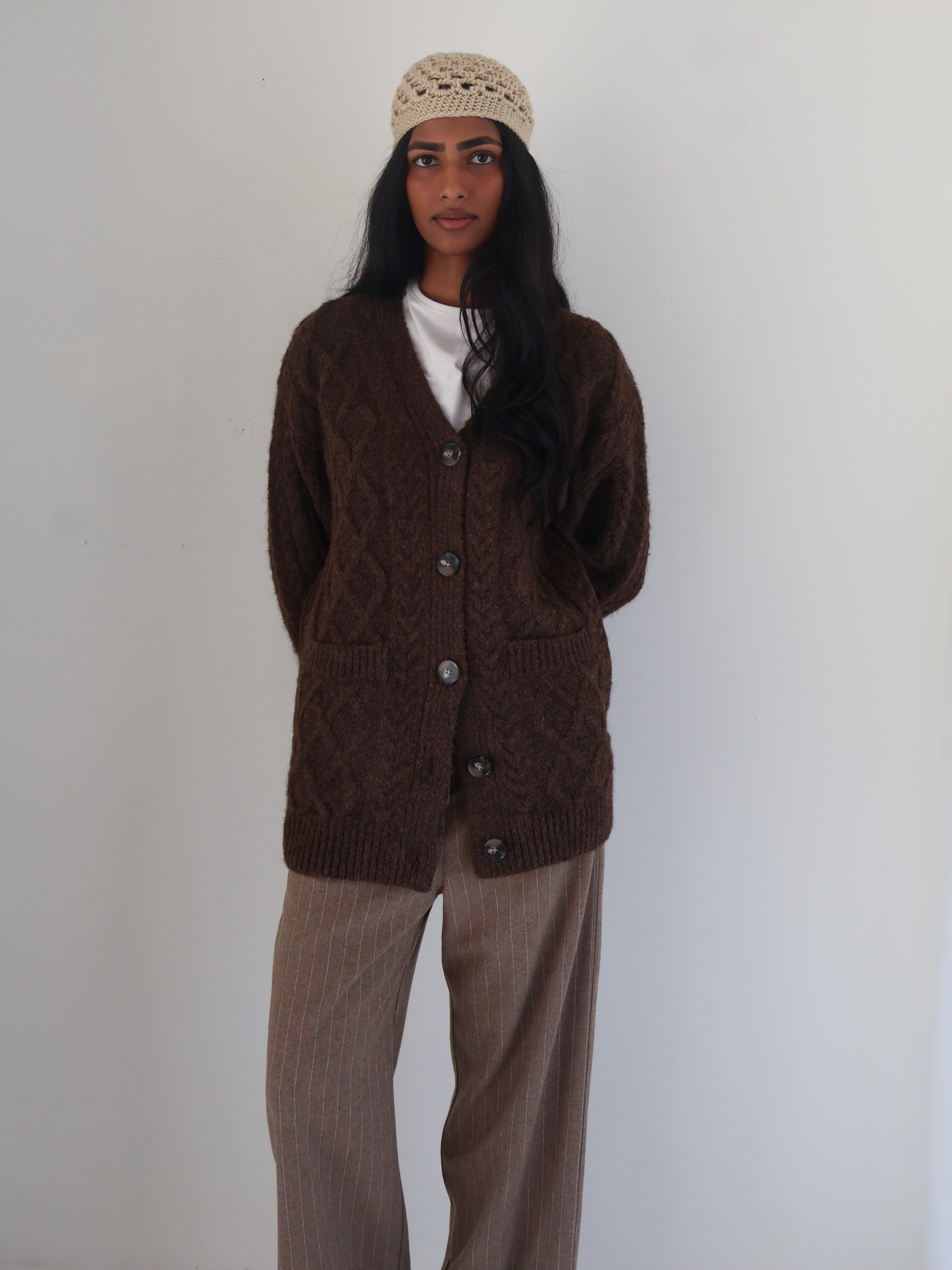 Brown Cable Knit Oversized Cardigan