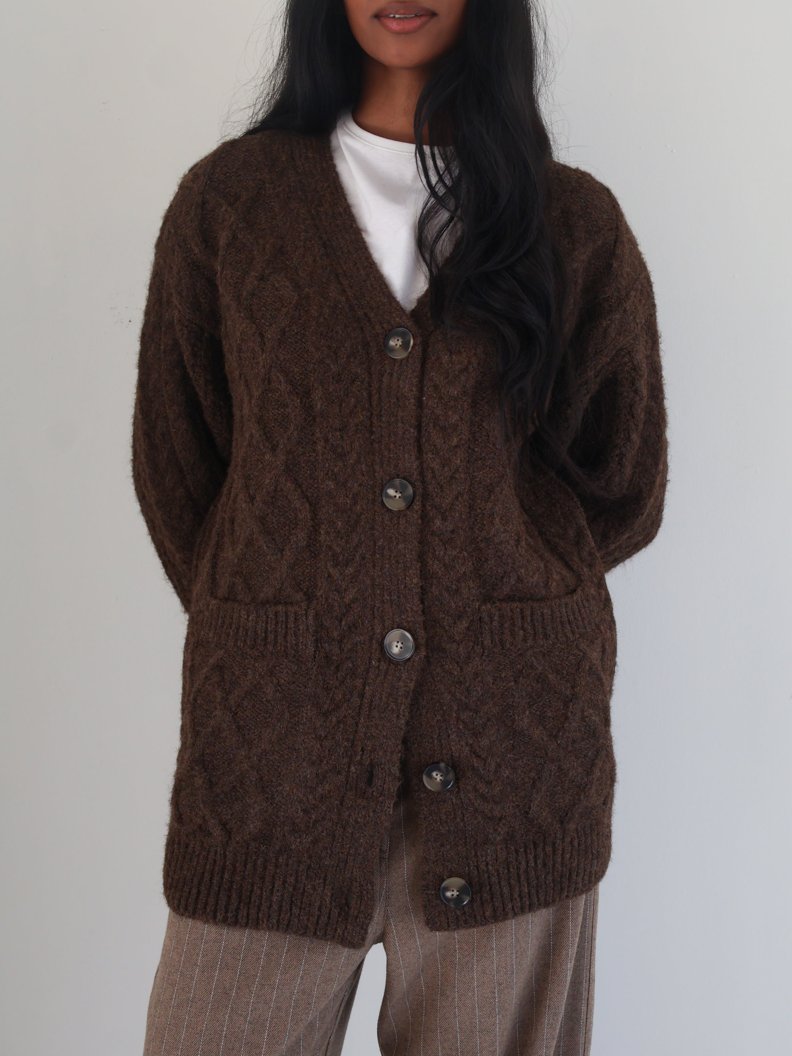 Brown Cable Knit Oversized Cardigan