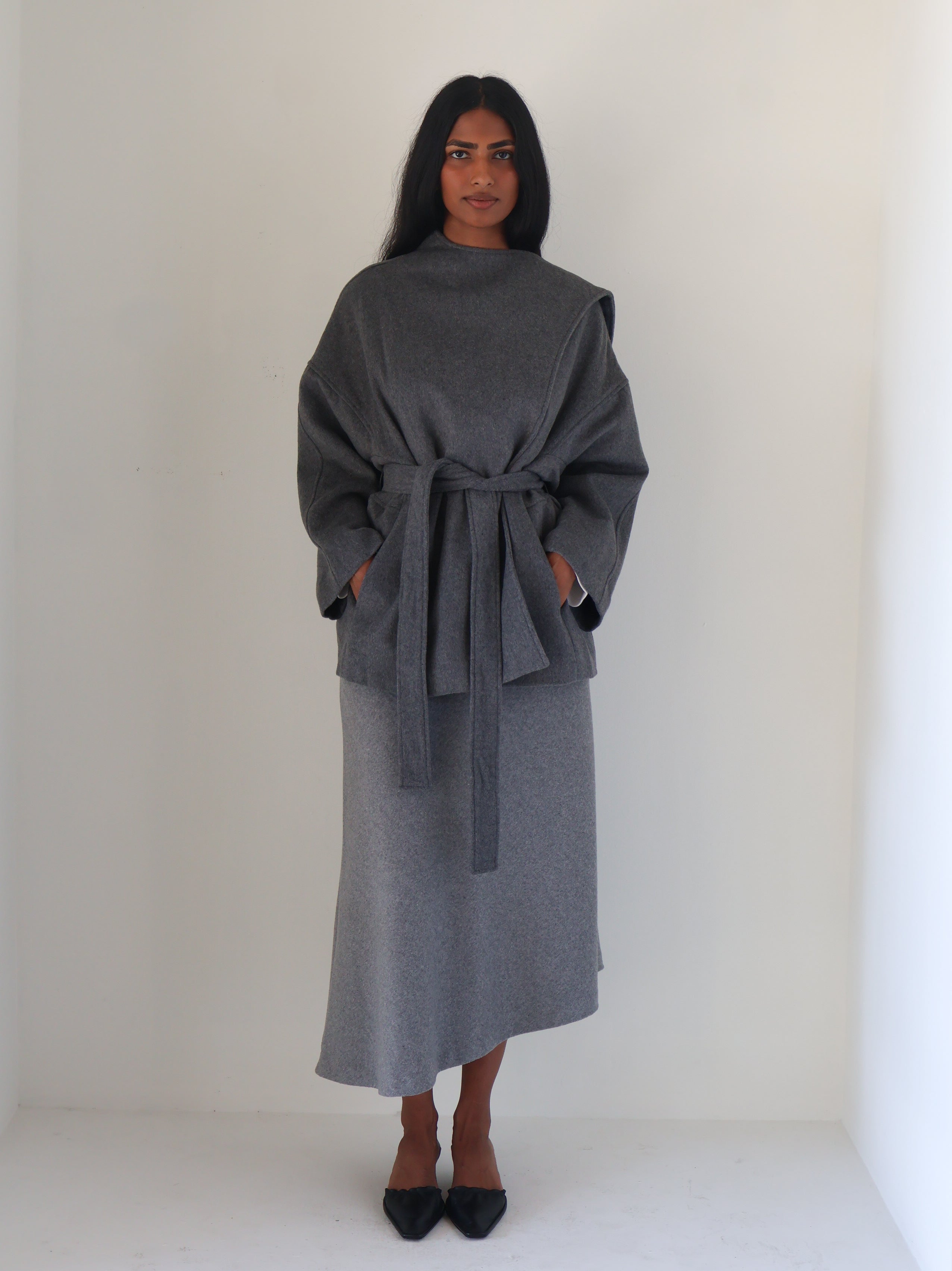 Charcoal Belted Elaxi Short Coat