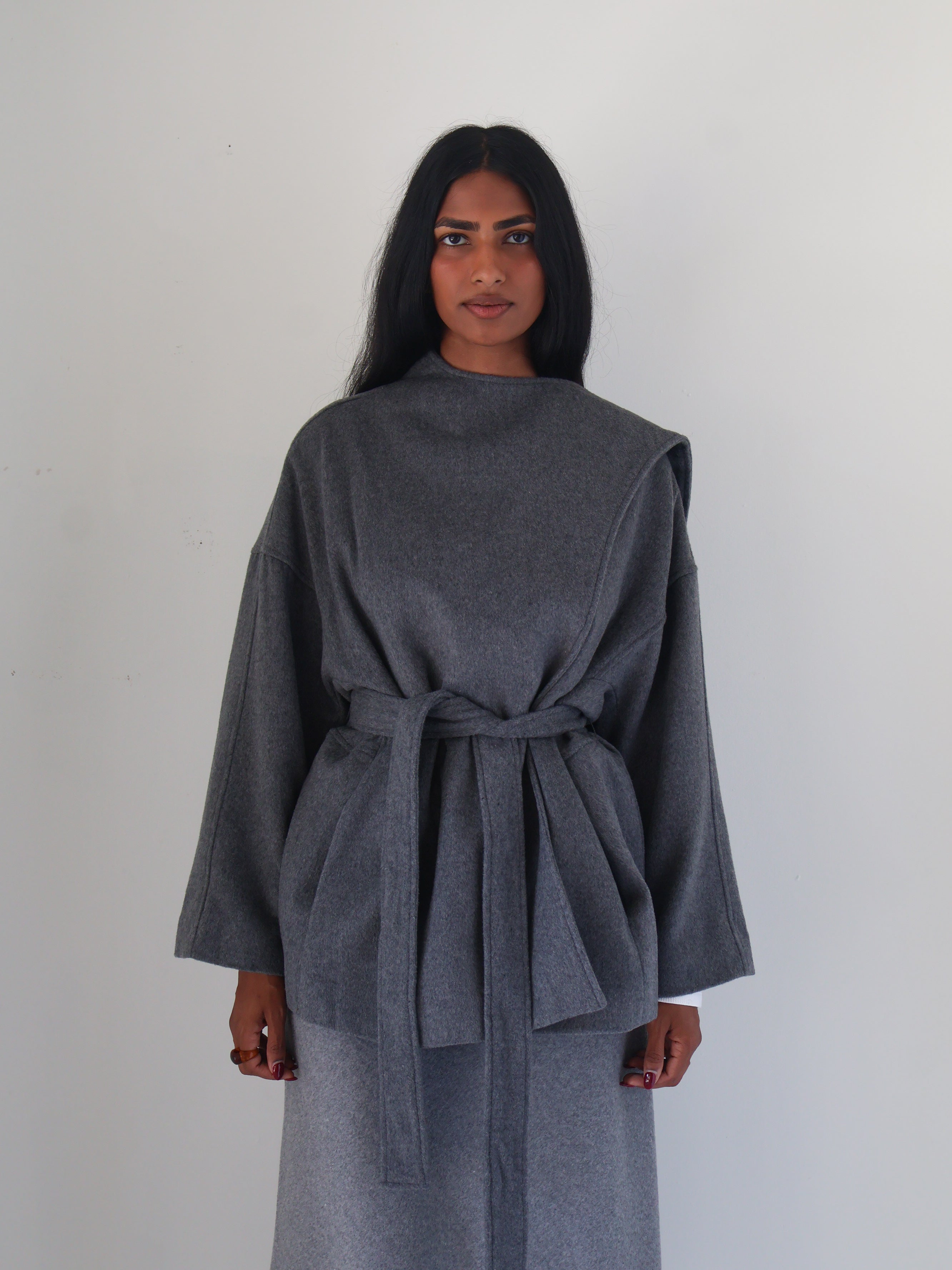 Charcoal Belted Elaxi Short Coat