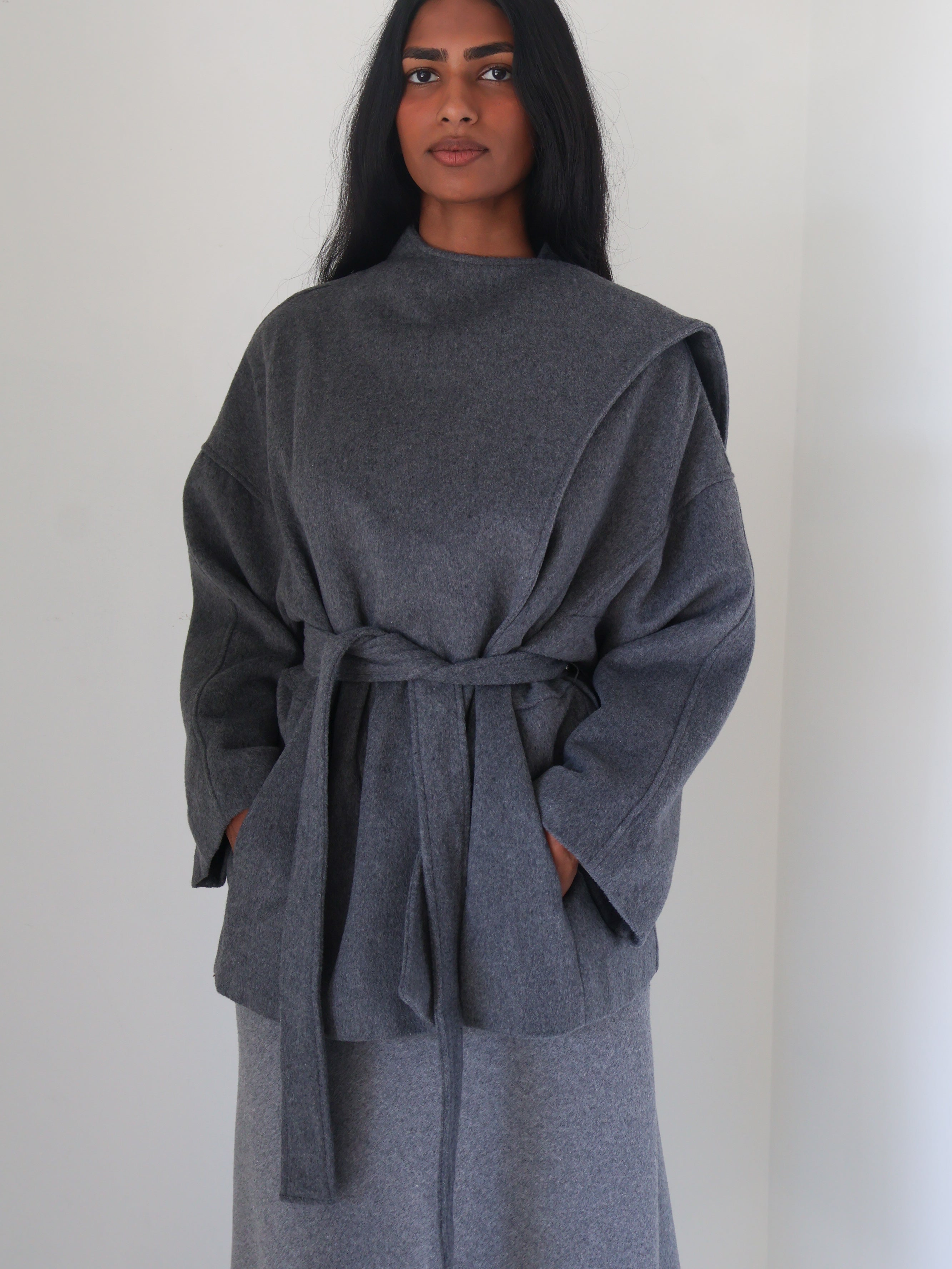 Charcoal Belted Elaxi Short Coat