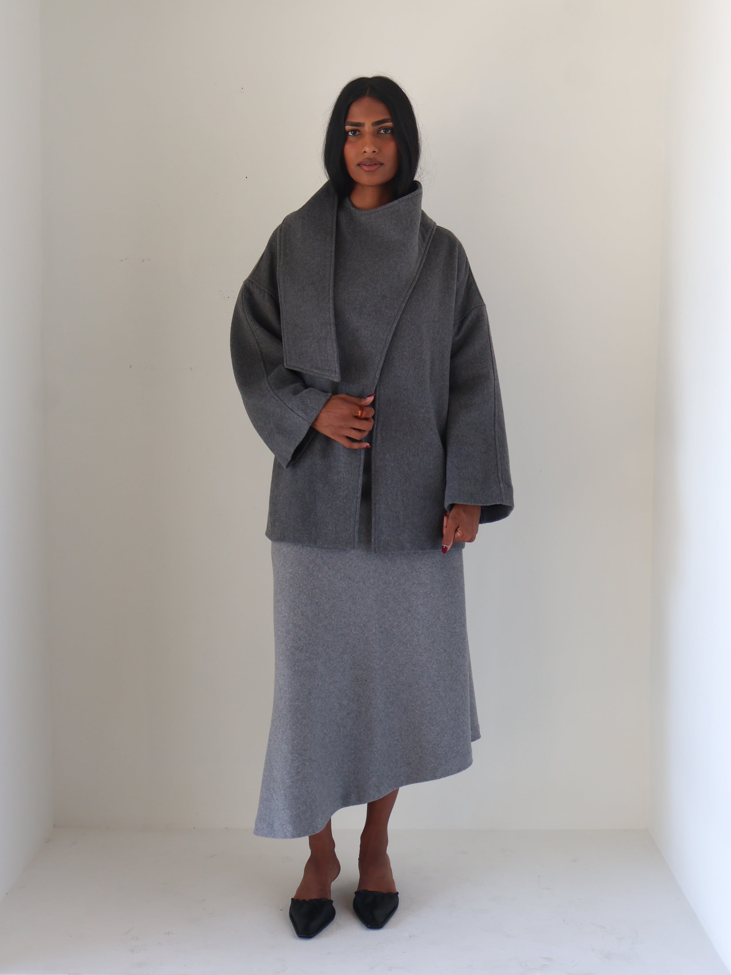 Charcoal Belted Elaxi Short Coat