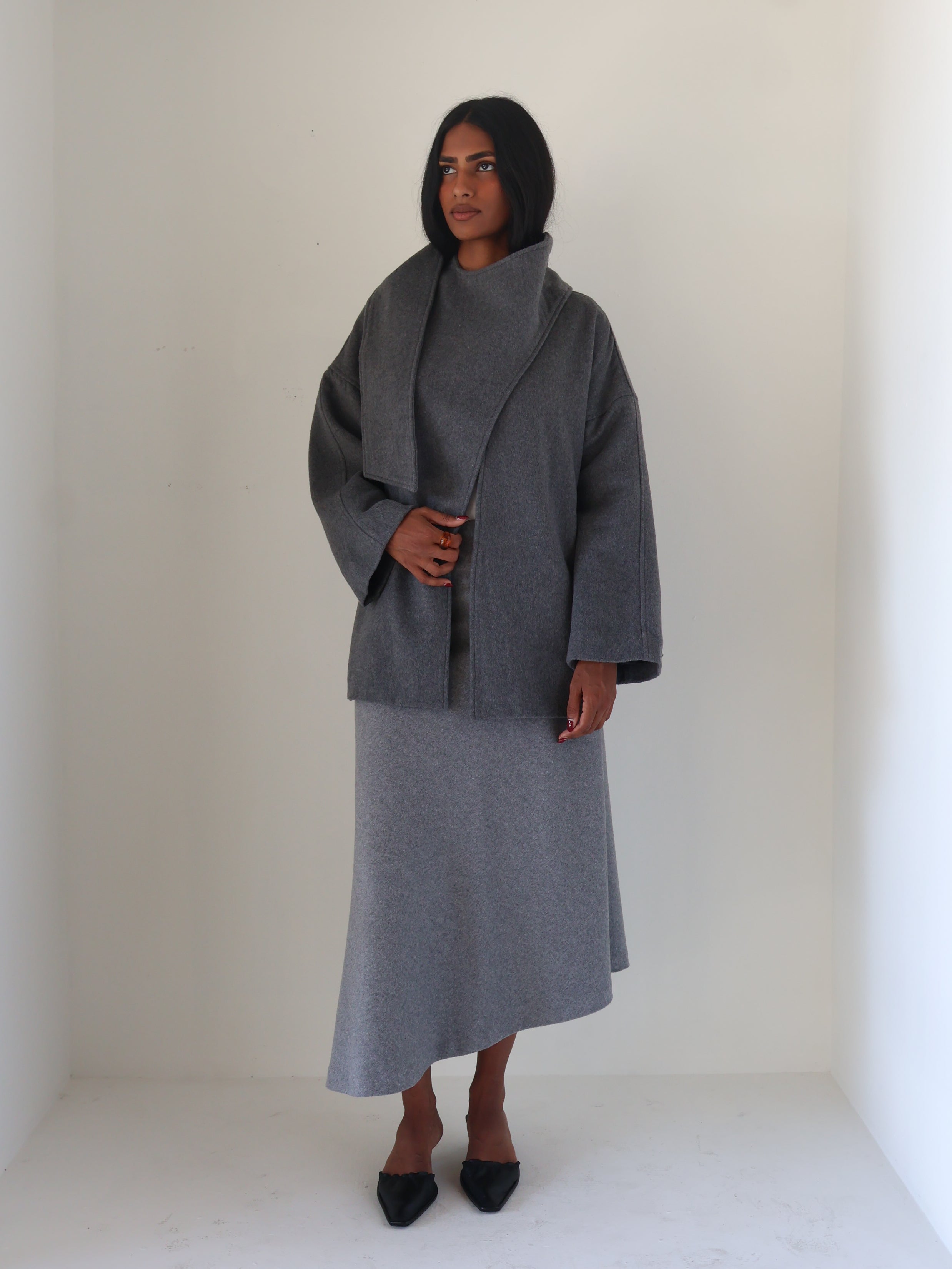 Charcoal Belted Elaxi Short Coat