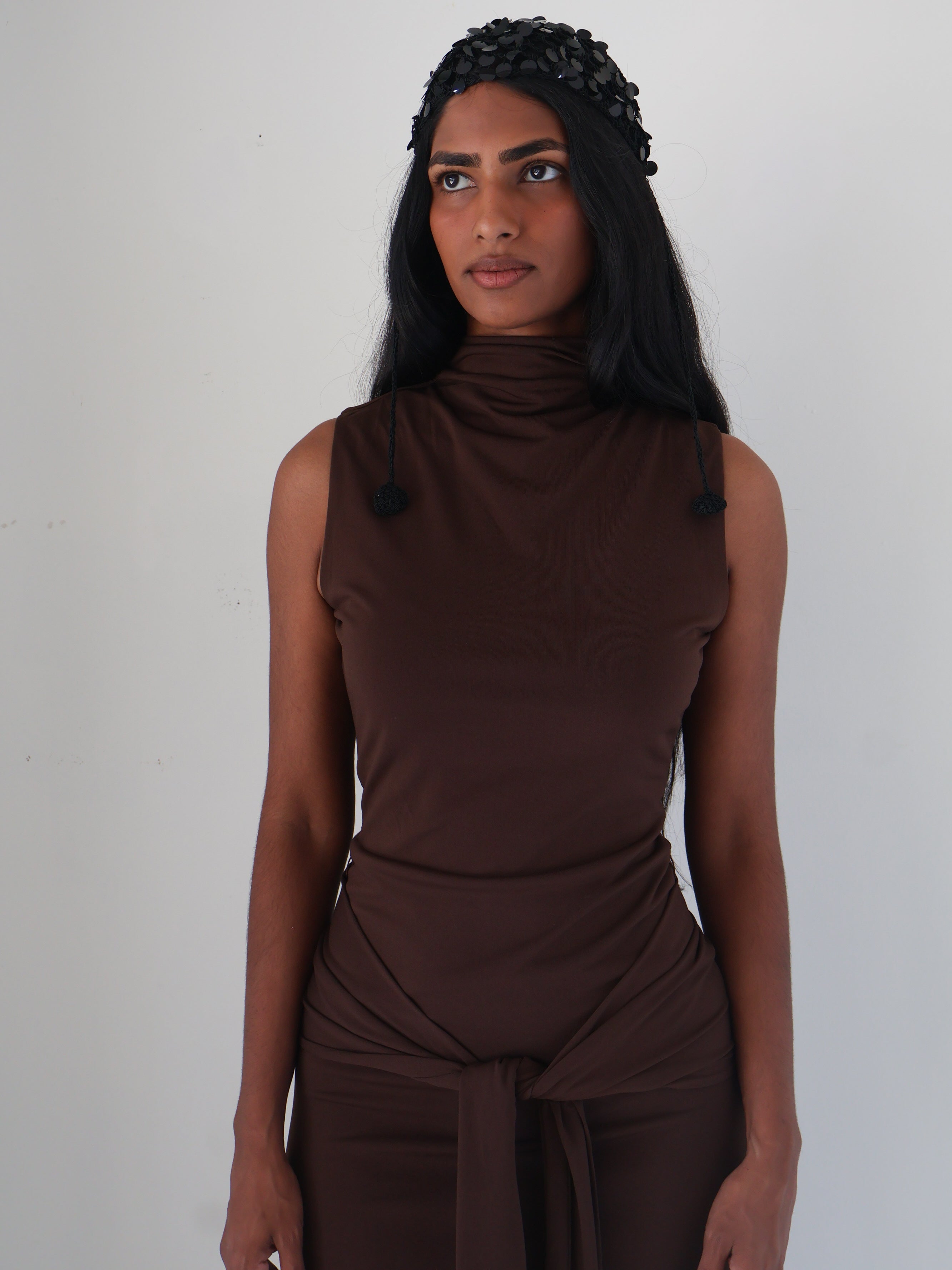 Espresso High Neck Tie Waist Dress