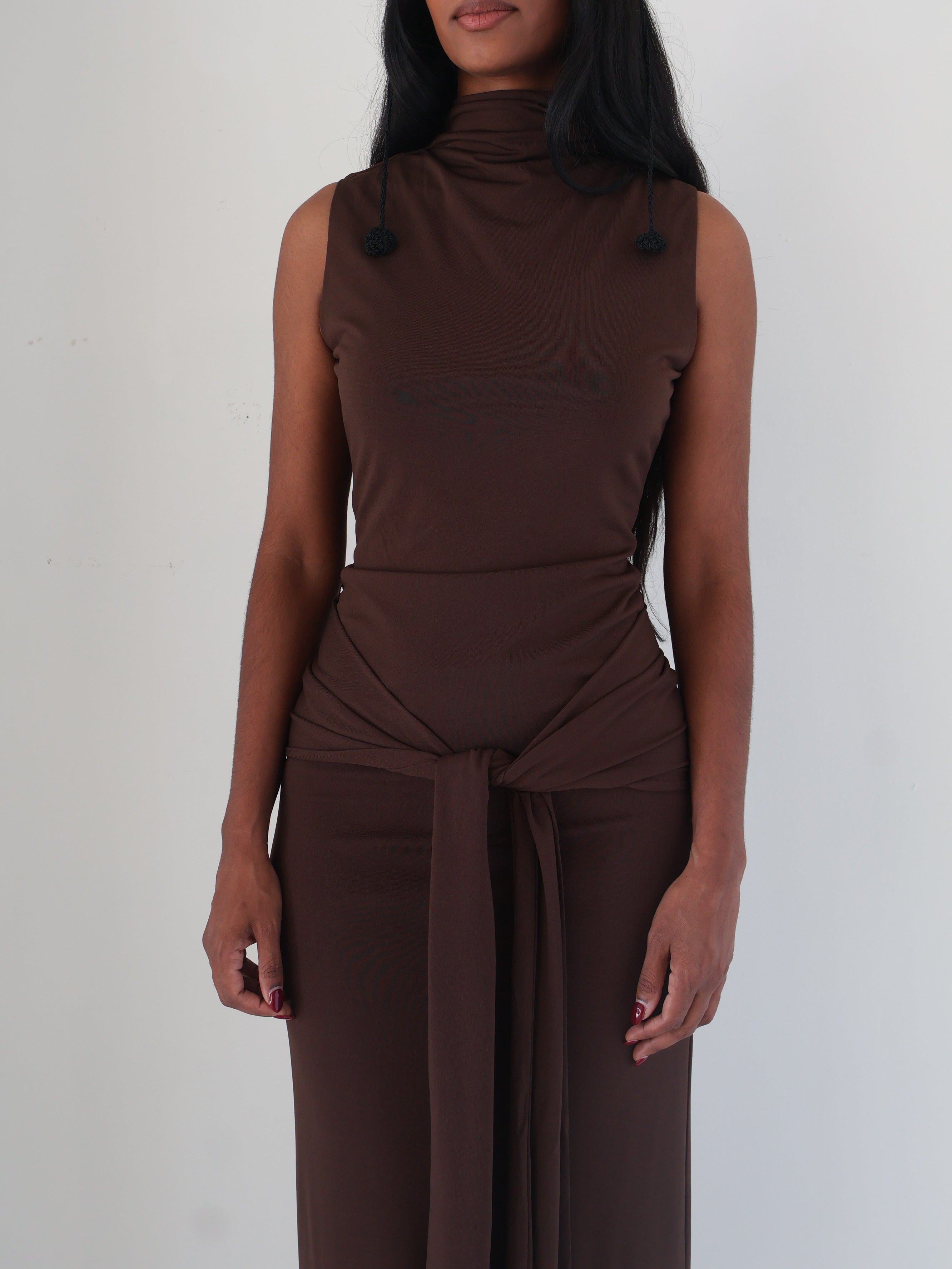 Espresso High Neck Tie Waist Dress