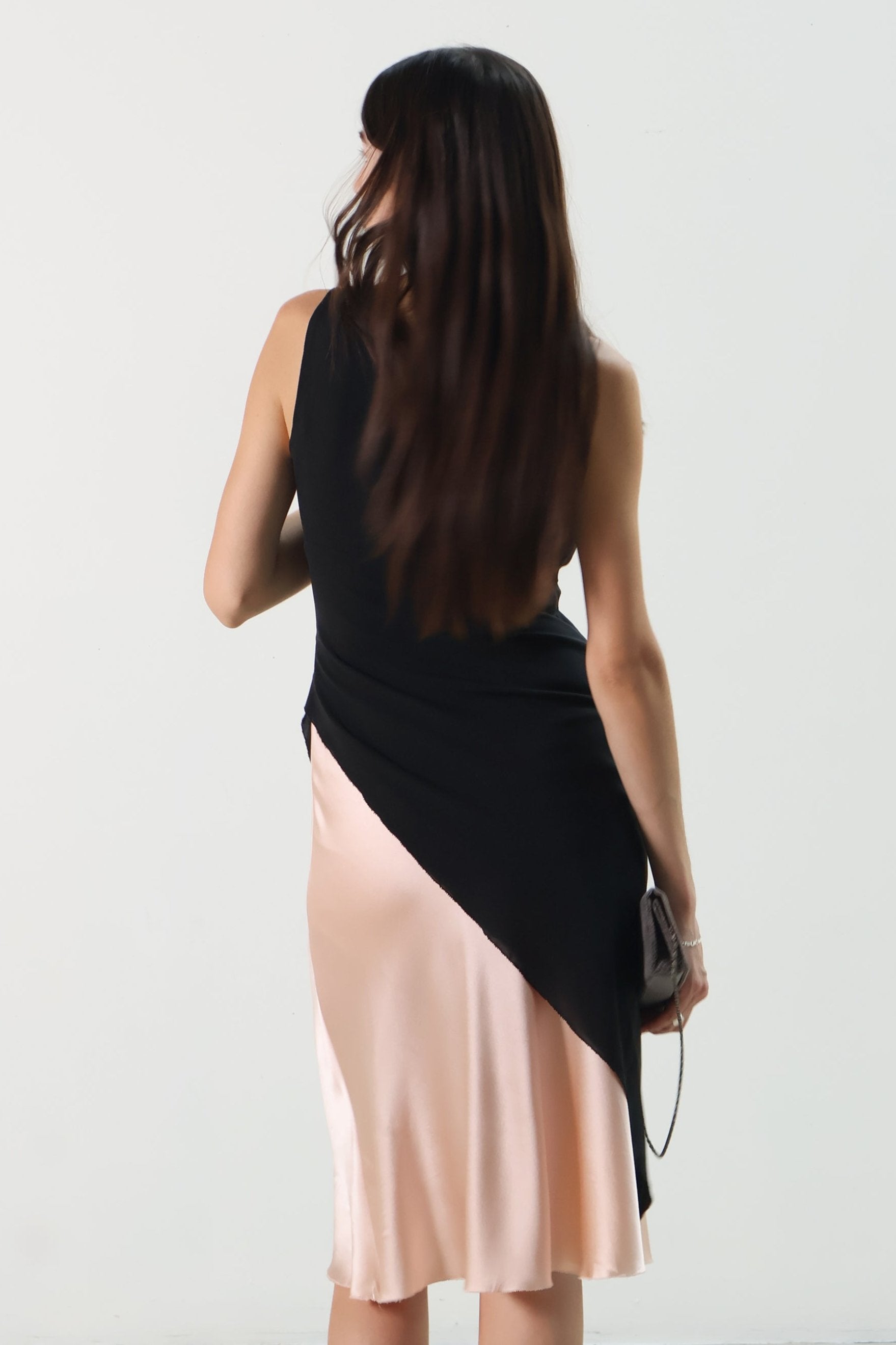 Vintage 90s Black Overlay Pink Silk Midi Dress